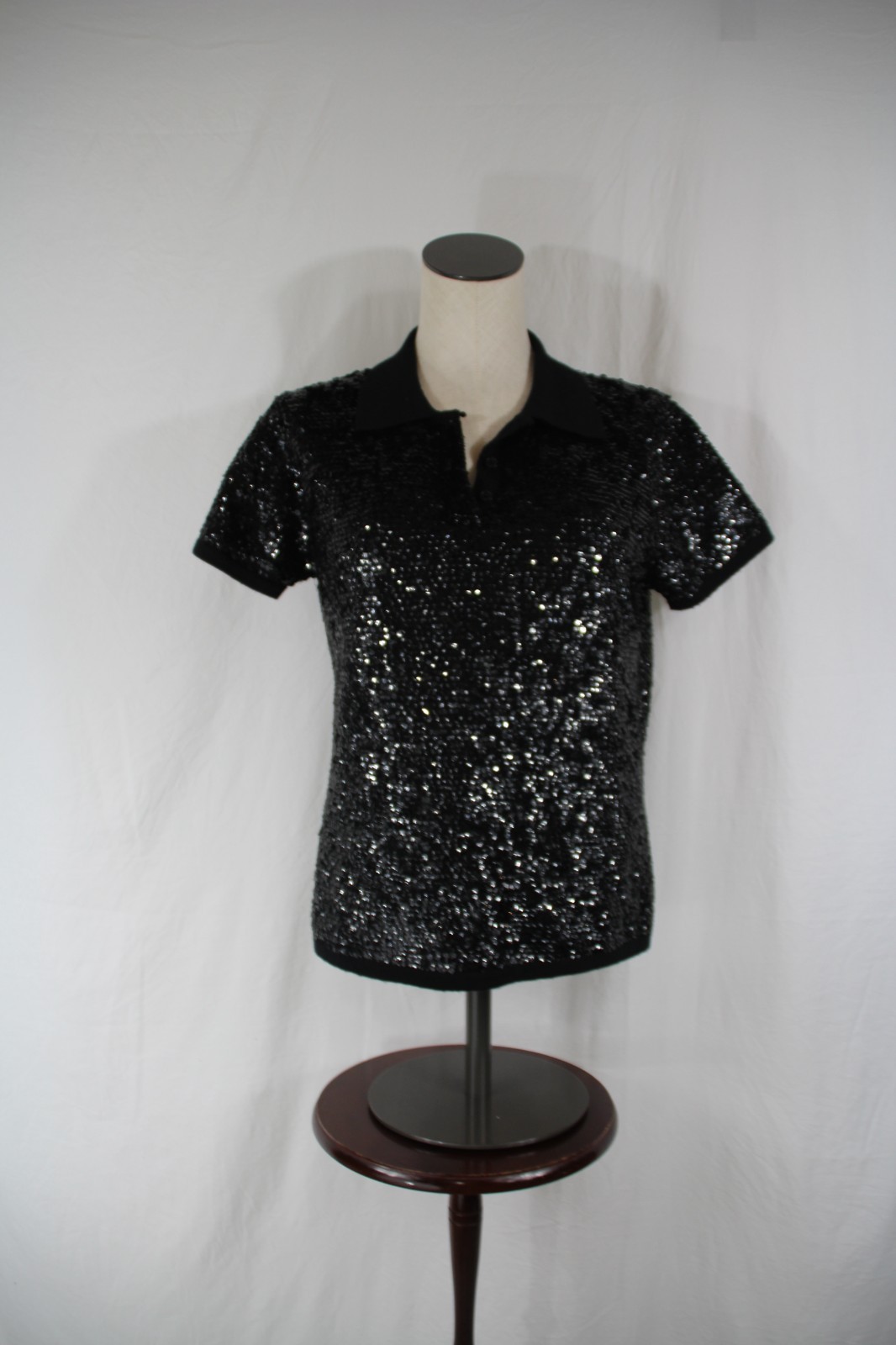 Lauren Ralph Lauren Black Sequin Merino Wool Knit Polo Sweater Holiday Top Sz. M