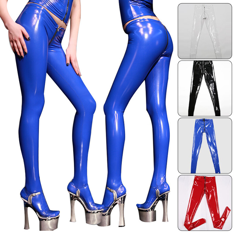 Artificial Latex Shiny Wet Look Leggings PU Clubwear Motorcycle Pants Zip Crotch