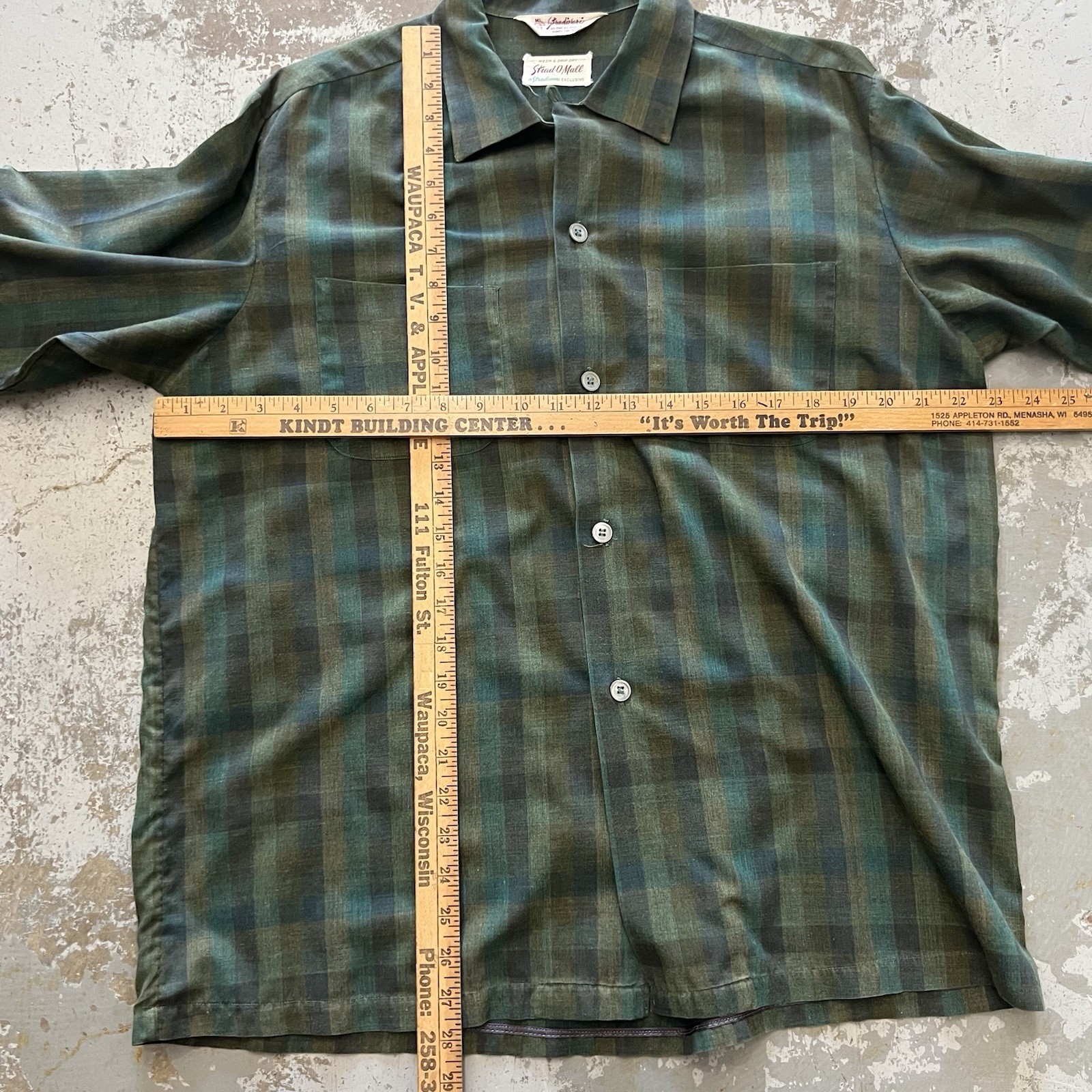 Vintage 50s Stradivari Loop Collar Shirt Medium L 33 Rockabilly Shadow Plaid Vtg