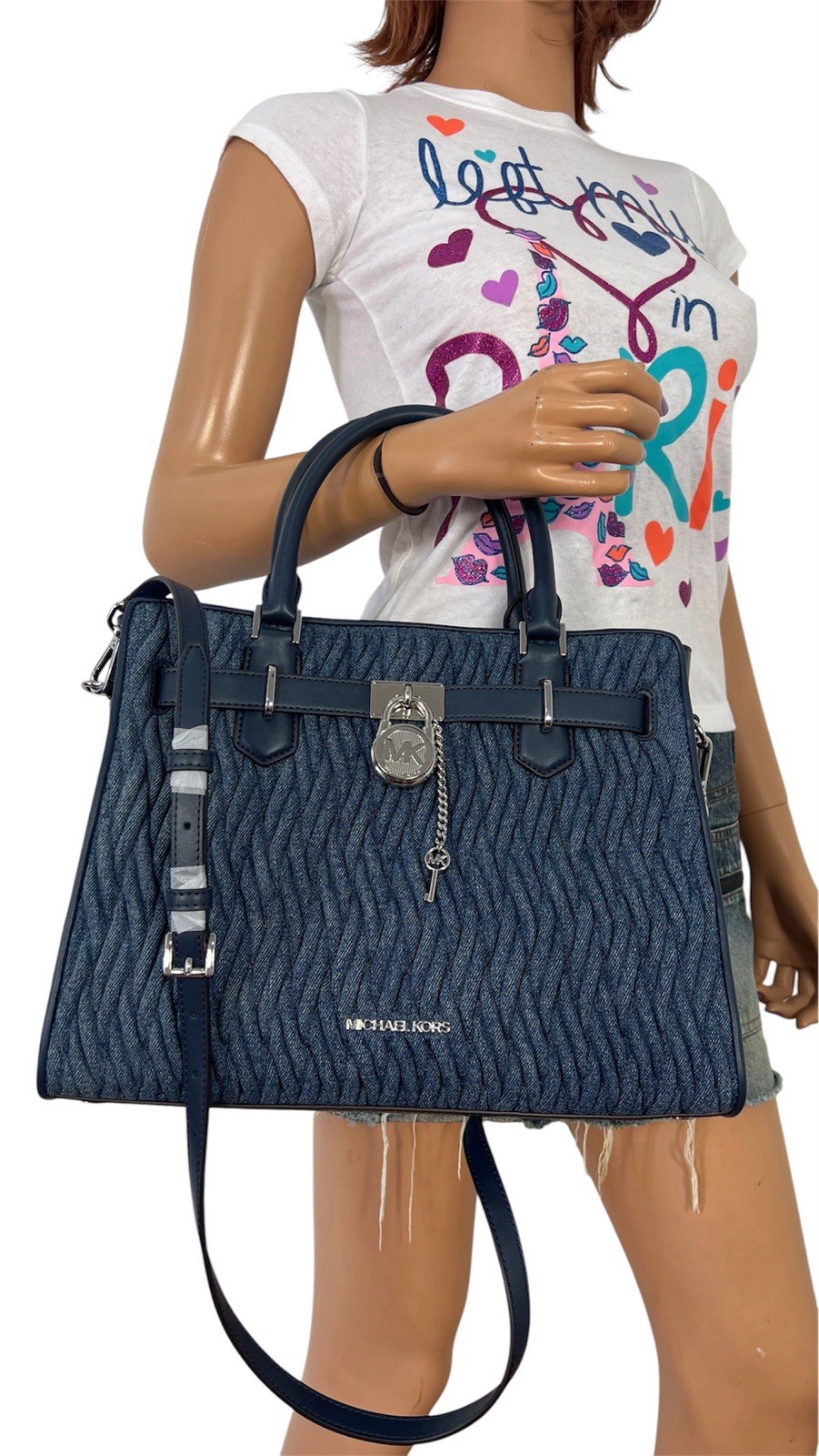 Michael Kors Hamilton Women Medium Crossbody Satchel Handbag Denim Bag Blue
