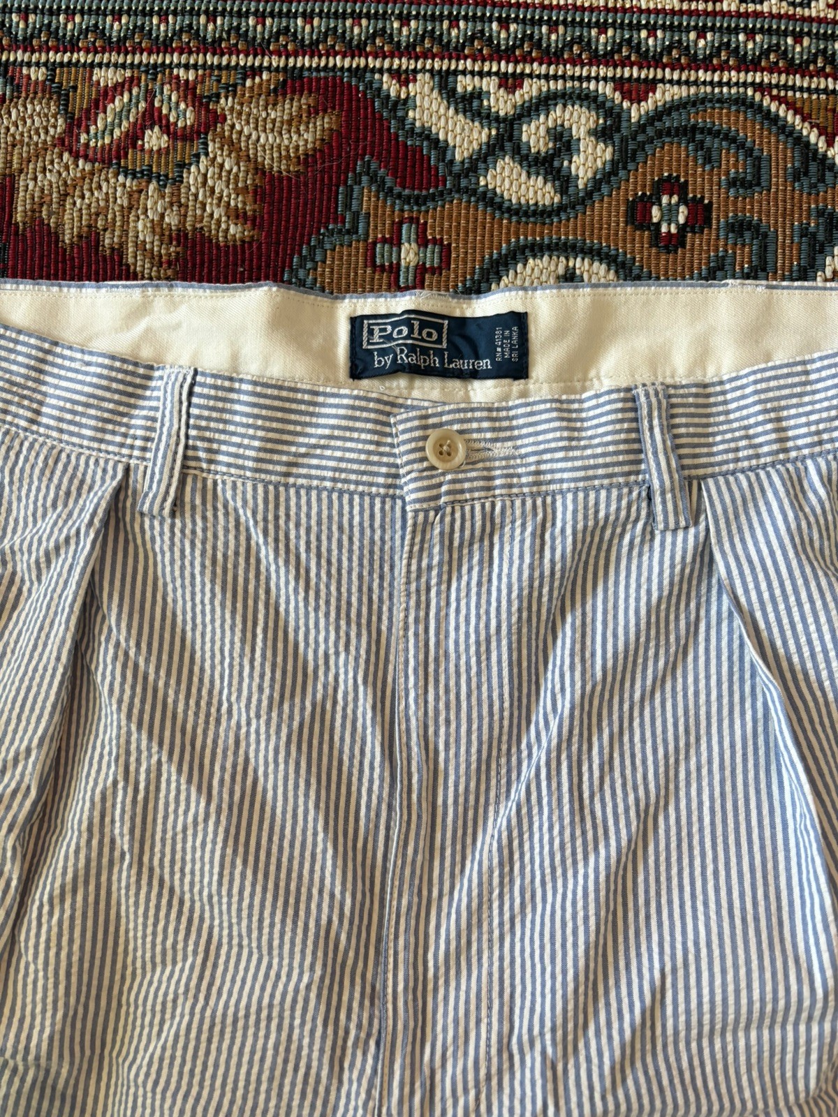 Polo Ralph Lauren Andrew Pant Mens 36×32 Blue White Seersucker Striped Pleated