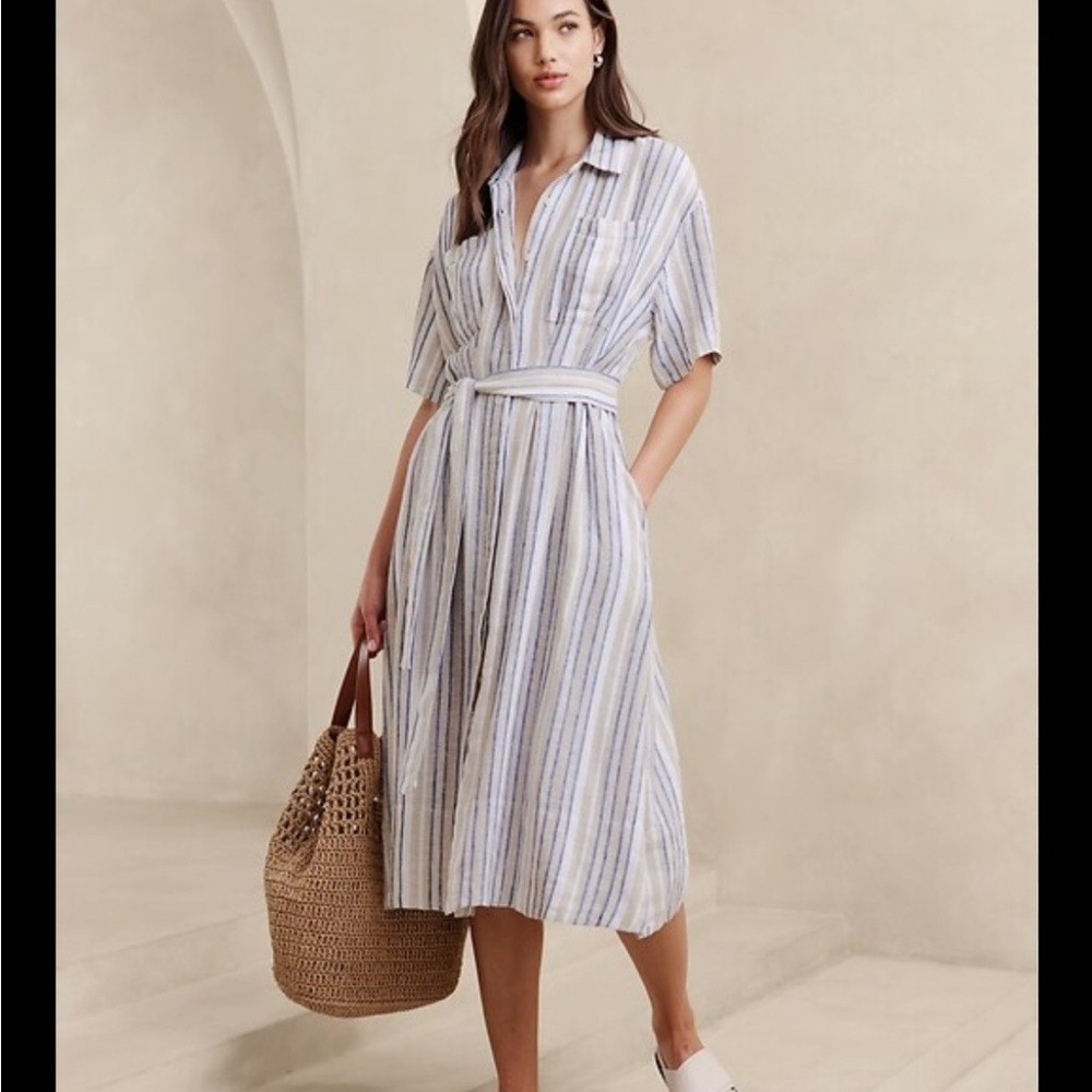Linen Blend Shirtdress Belt Stripe Midi Dress Coastal Boho Size XS NWOT Banana R