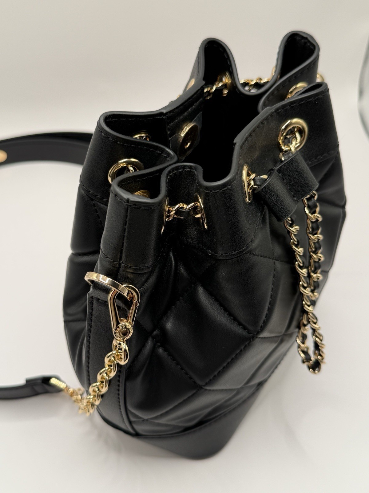 CHARLES & KEITH Black Quilted Small Bucket Drawstring Crossbody Gold Chain
