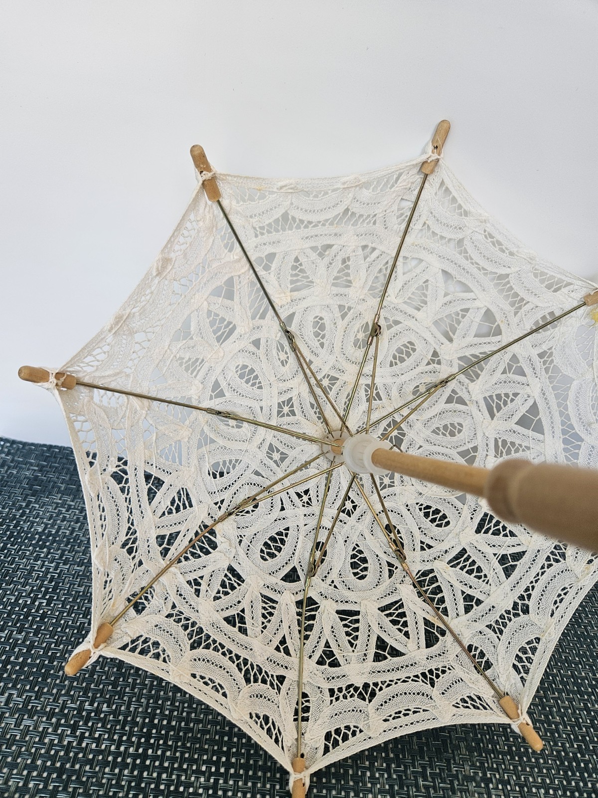 Mini Victorian Style Ivory Lace Parasol Umbrella for Women w/ Wooden Handle