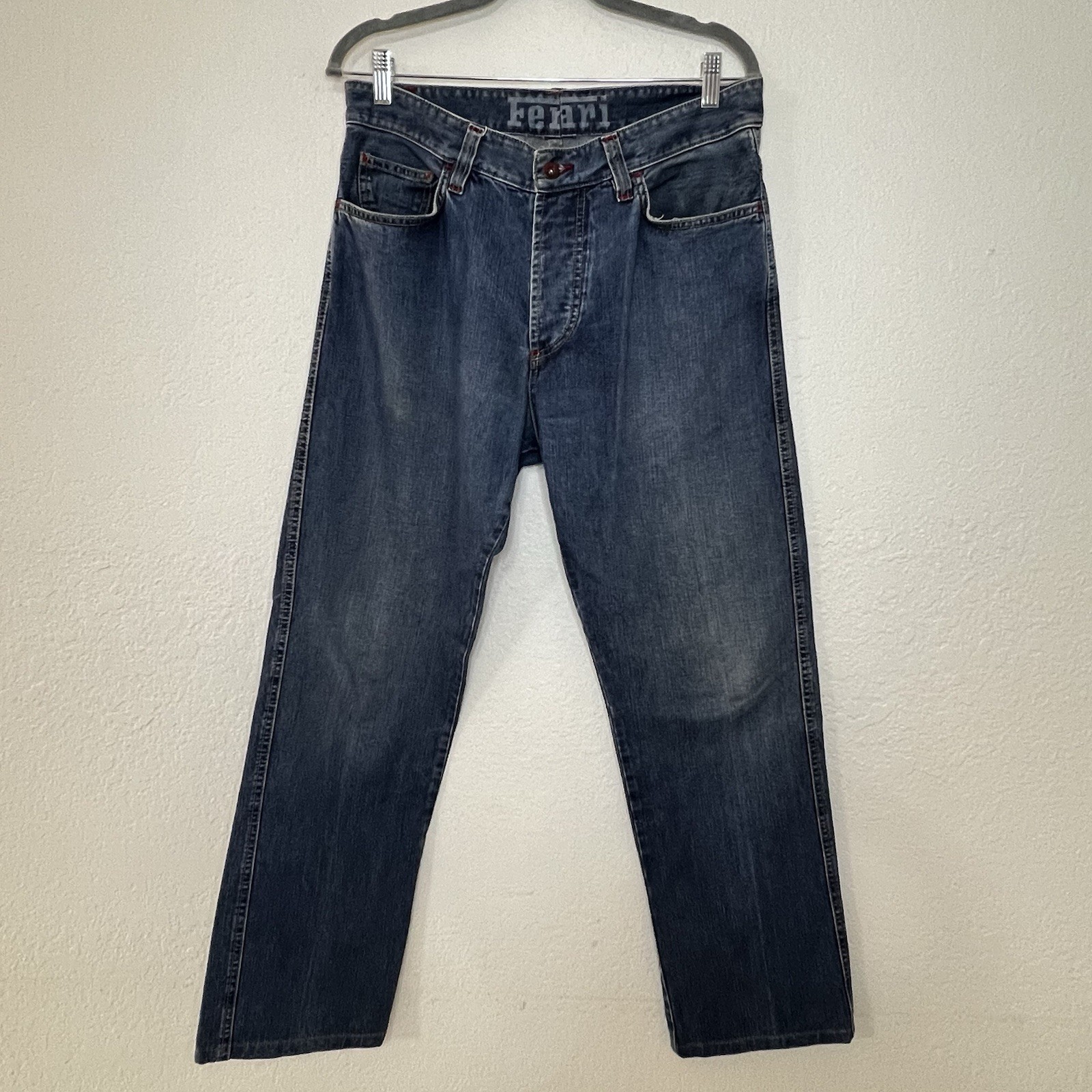 VTG Ferrari Button Fly Blue Denim Jeans Leather Logo Italian Men’s 33×30.5 IT 50