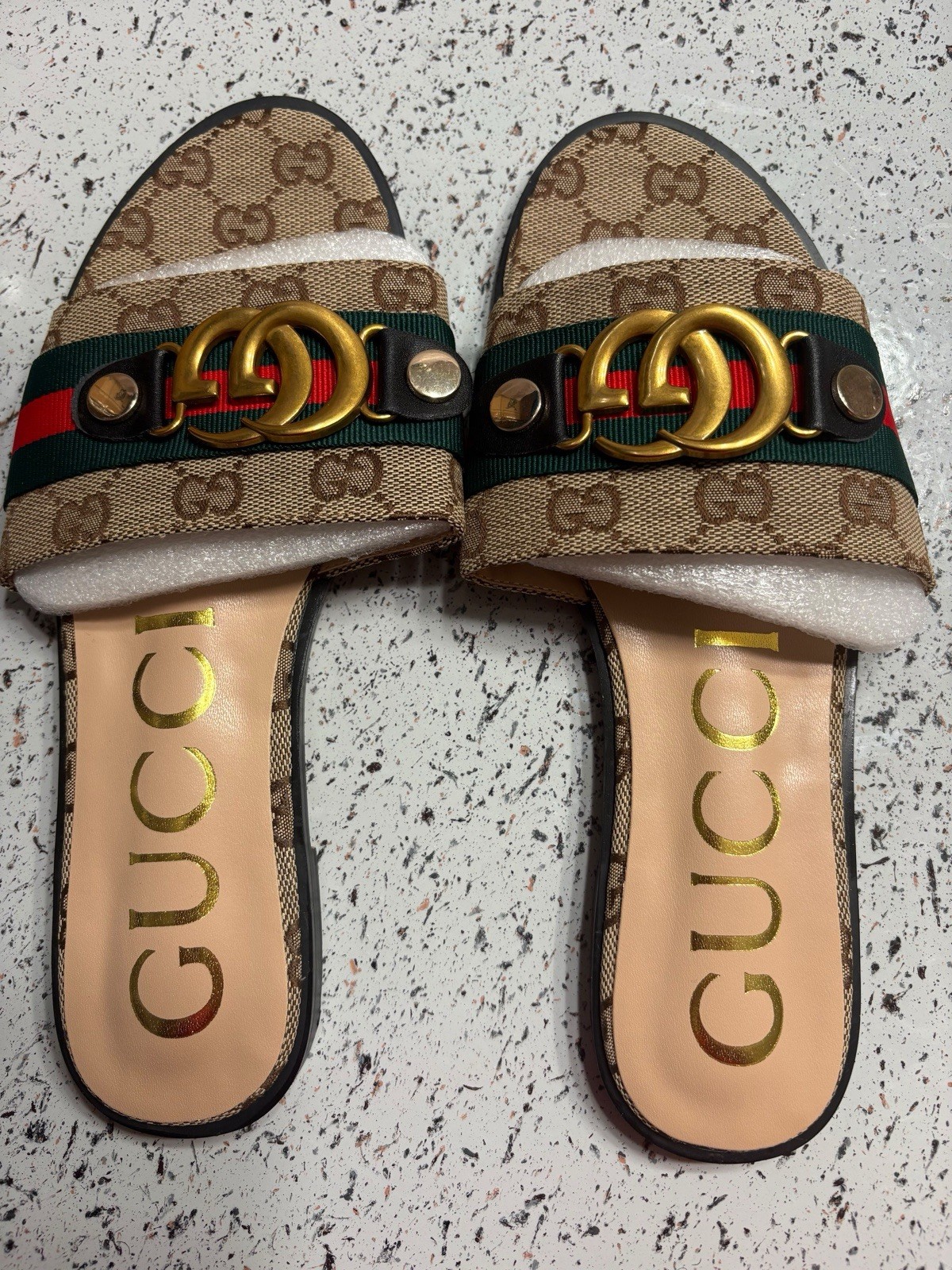 Gucci Women’s Slide Sandals Leather GG Monogram Web Stripe Gold Logo 5.5