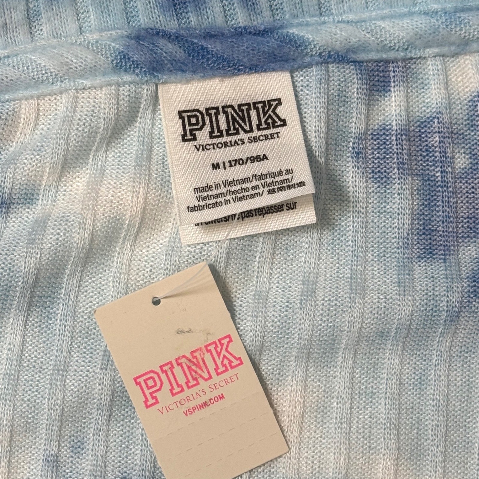 PINK Victoria’s Secret Tie Dye Ribbed V-Neck Long Sleeve Top Blue White Medium