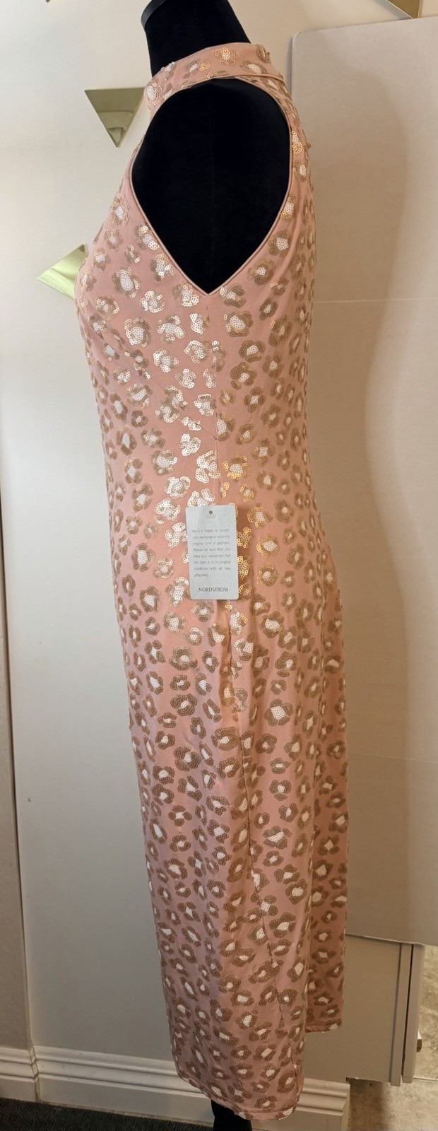 Sho by Tadashi Shoji Leopard Print Sequins Pale Rose Gold Halter Midi Dress S