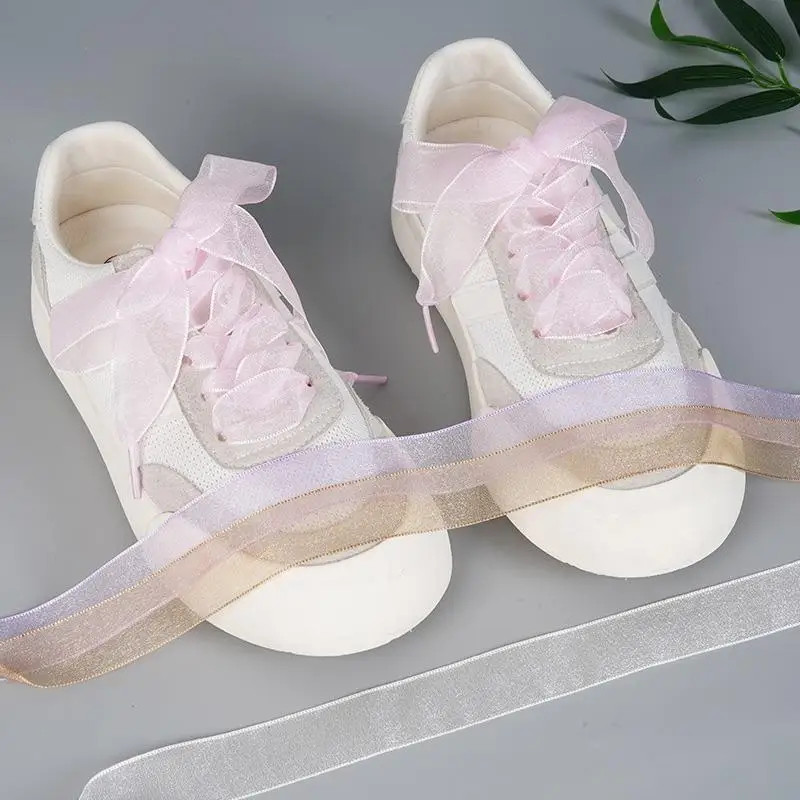 1 Pair 4cm Wide Organza Shoe Strings 160cm Woman Bow Shoelaces Flat Silk Satin R