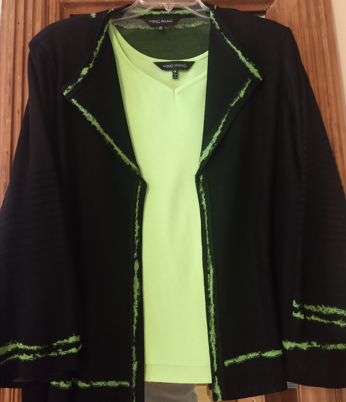 MING WANG 2 Pc Set Black Green Knit Blazer 1X Jacket Camisole Tank 0X.