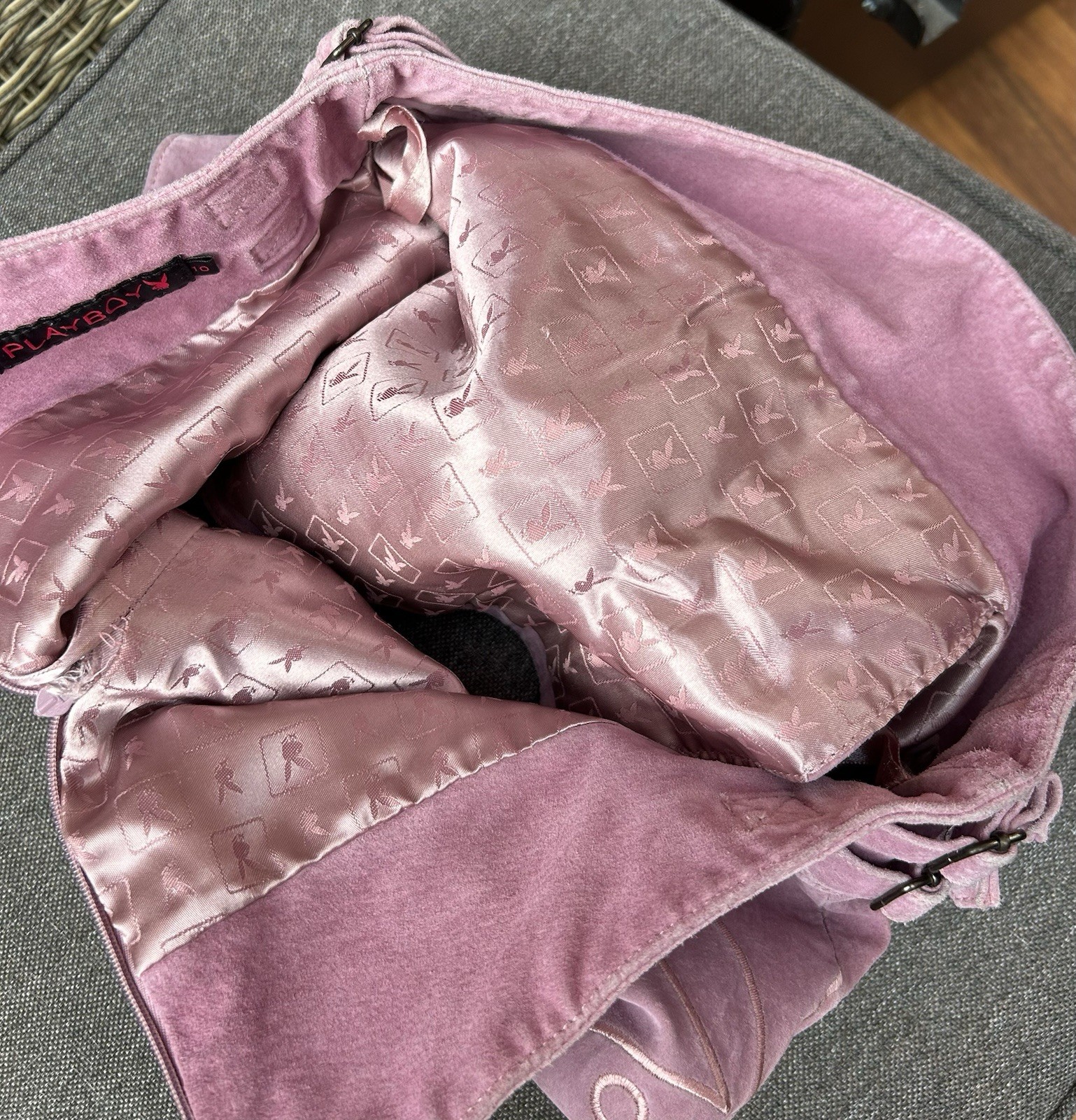 Vintage Playboy Pink Suede Bunny Head Logo Mini Wrap Skirt Buckled Detail Sz 10