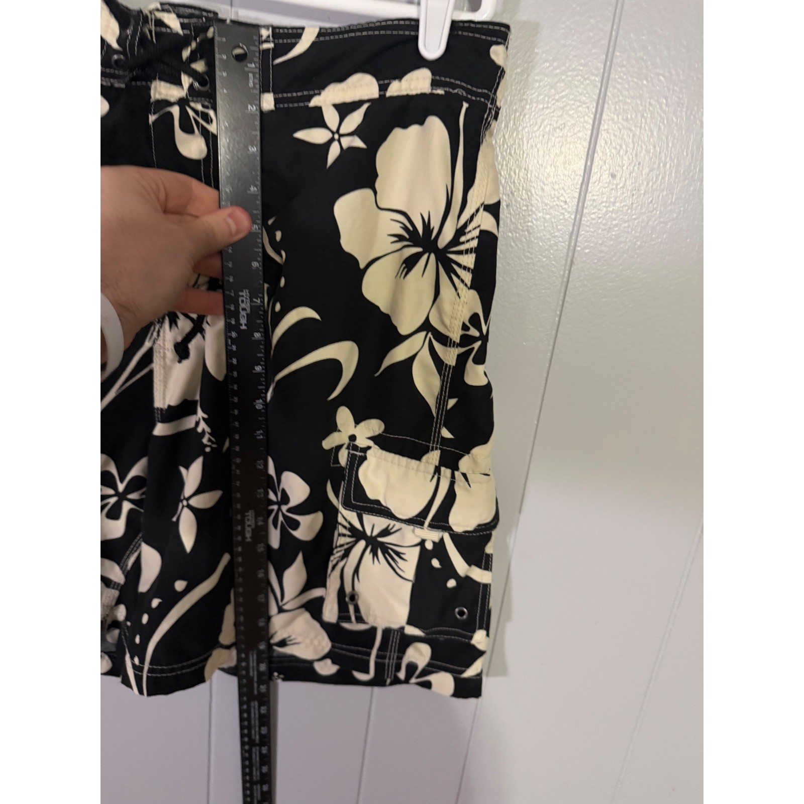 Sand N Sun Swim Trunks Mens Large Black Hibiscus Floral Board Shorts Cargo