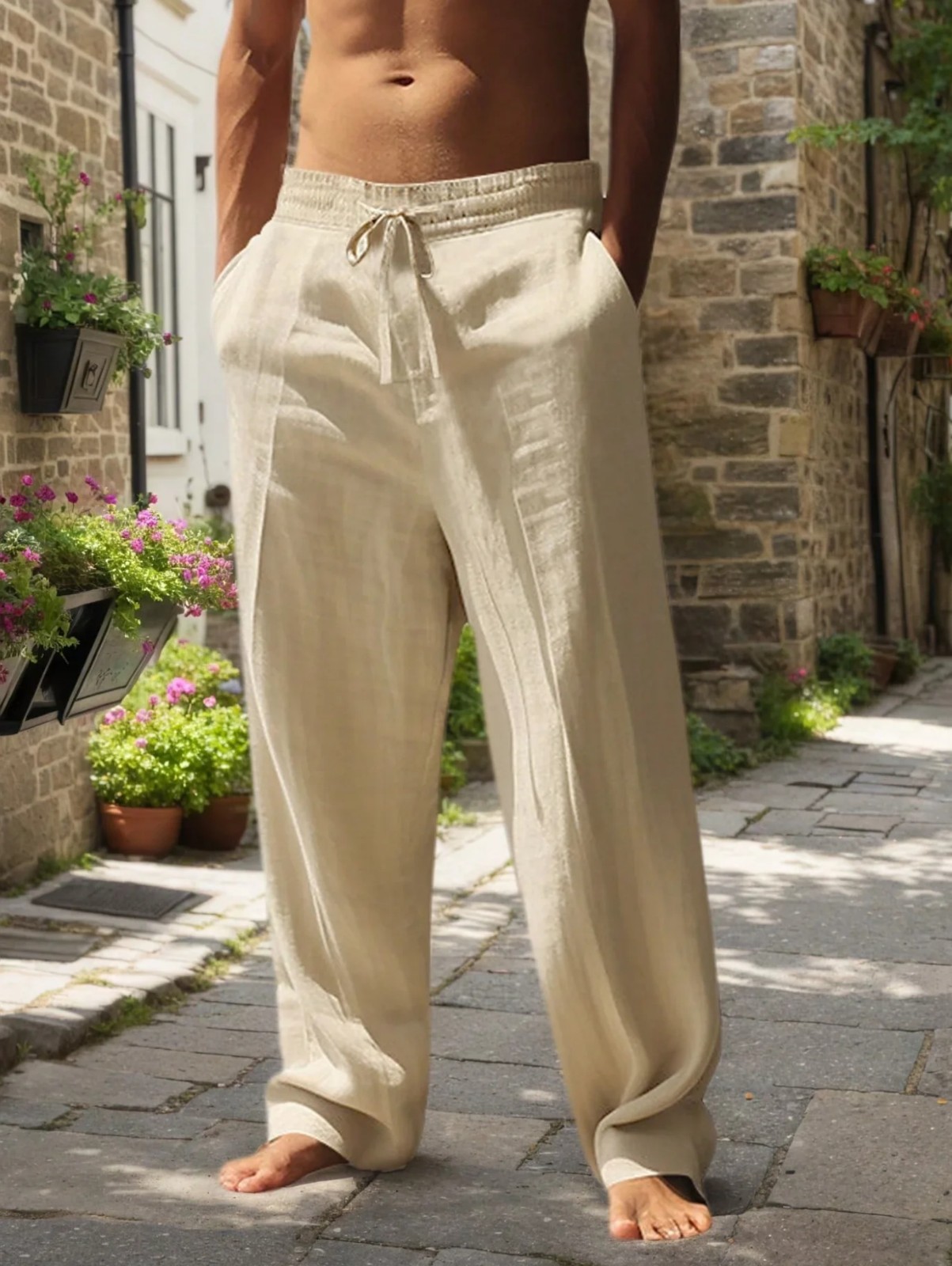 Mens Cotton Linen Pants with Casual Drawstring Beach Yoga Baggy Long Trousers