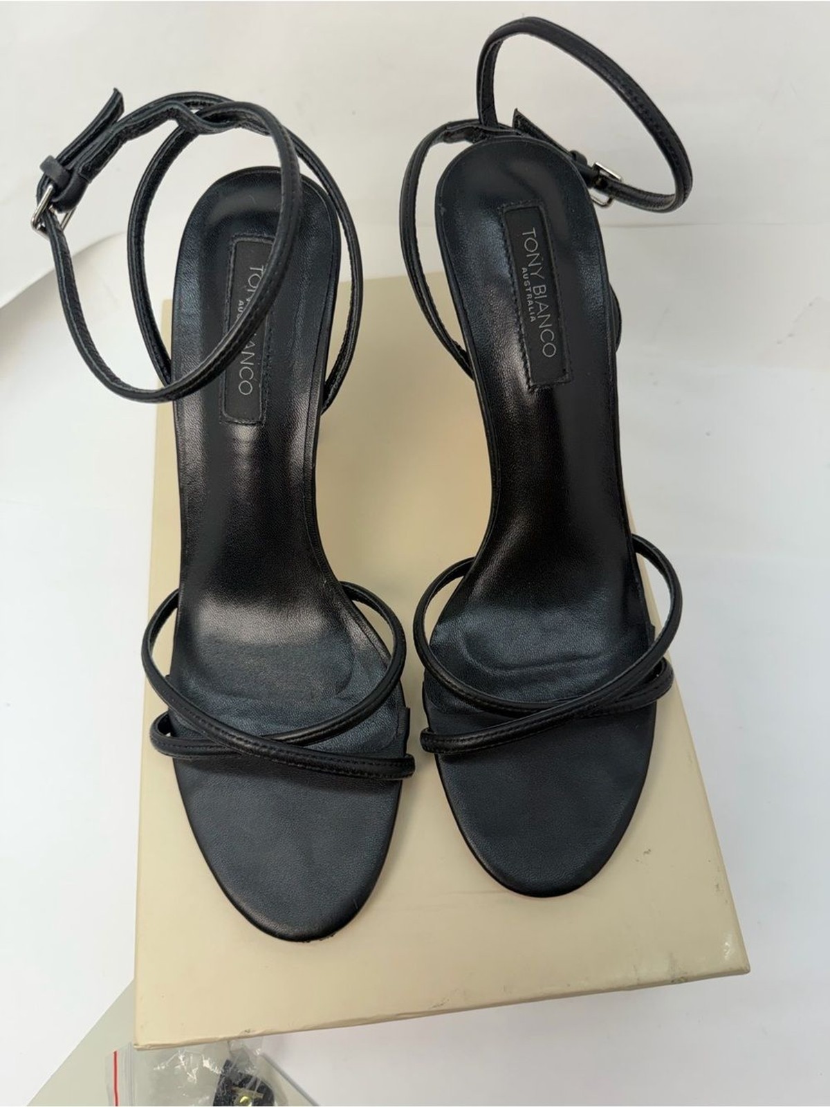 Tony Bianco Laguna Sandal in Black leather mid high heel ankle strap open toe