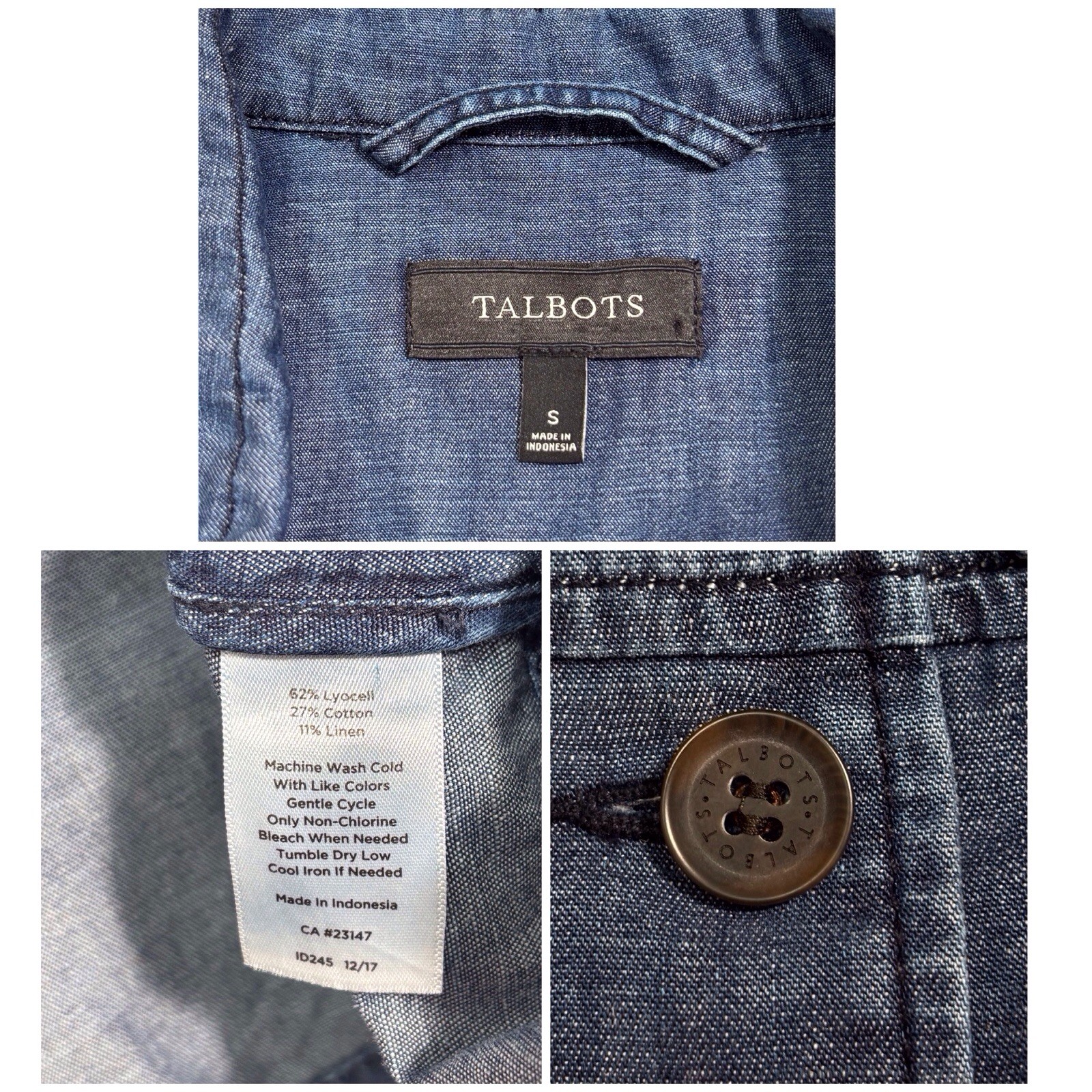 Talbots Blue Chambray Button Up Tunic Vest XL Pockets Cotton Linen Blend