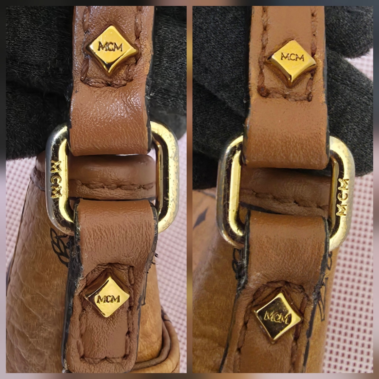 MCM Cognac Monogram Small Flat Shoulder Crossbody Bag AUTHENTIC