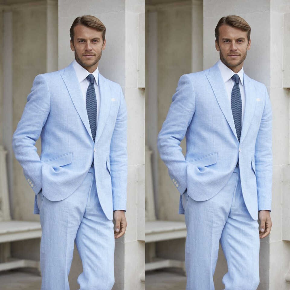 Business Linen Men Suits Single Breasted Spring Summer Wear Slim Fit Peak Lapel