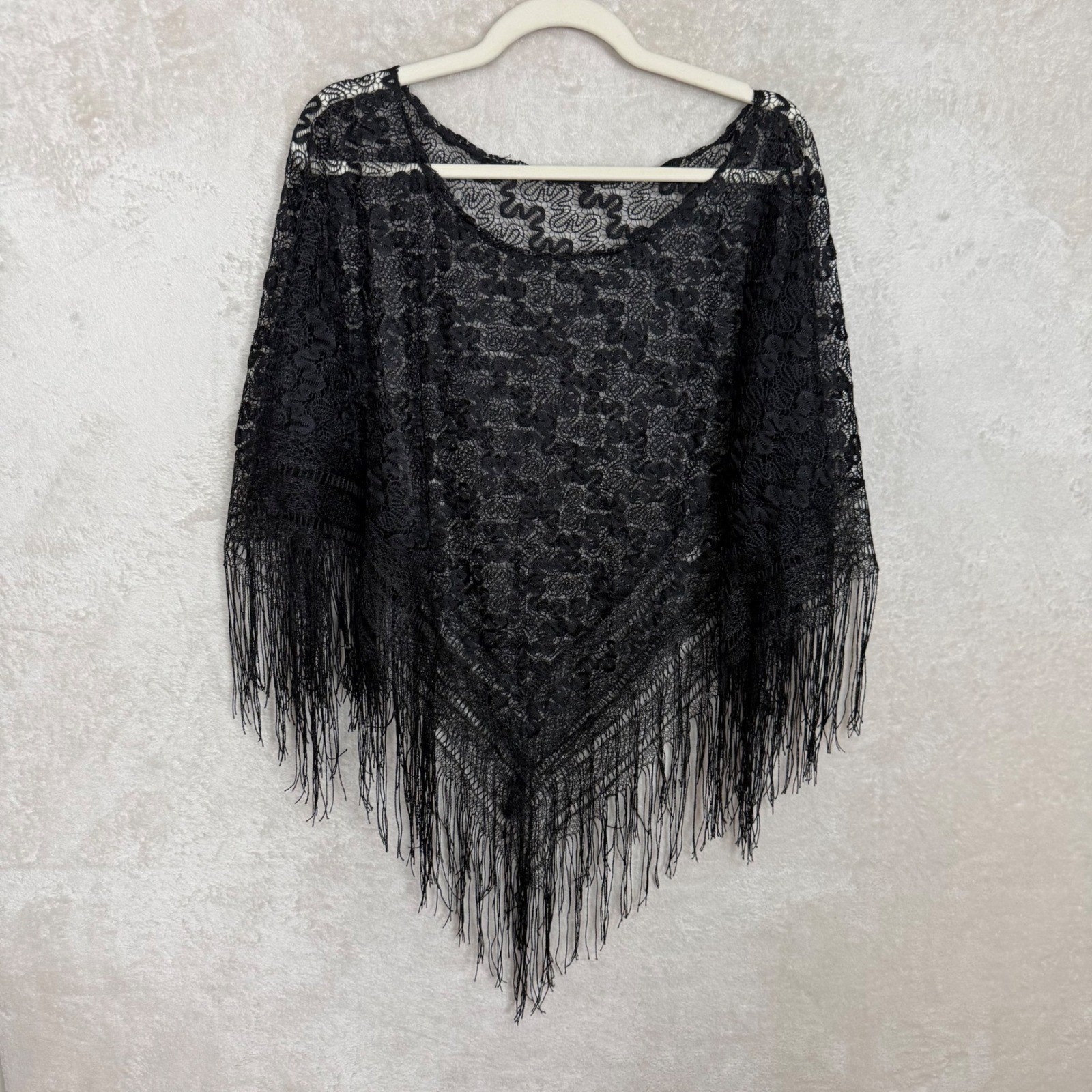 Black Lace Fringe Shawl Mantilla Whimsigoth Gothic Boho Festival Poncho Cover Up