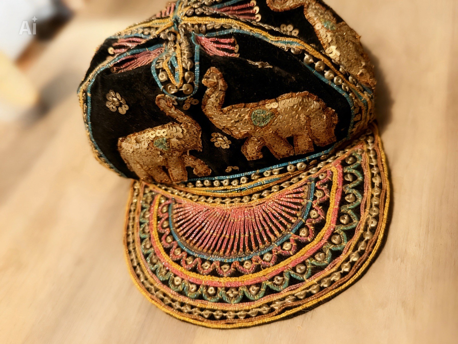 Vintage Sequined Hand Stitched Elephant Hat Made In Myanmar Burma
