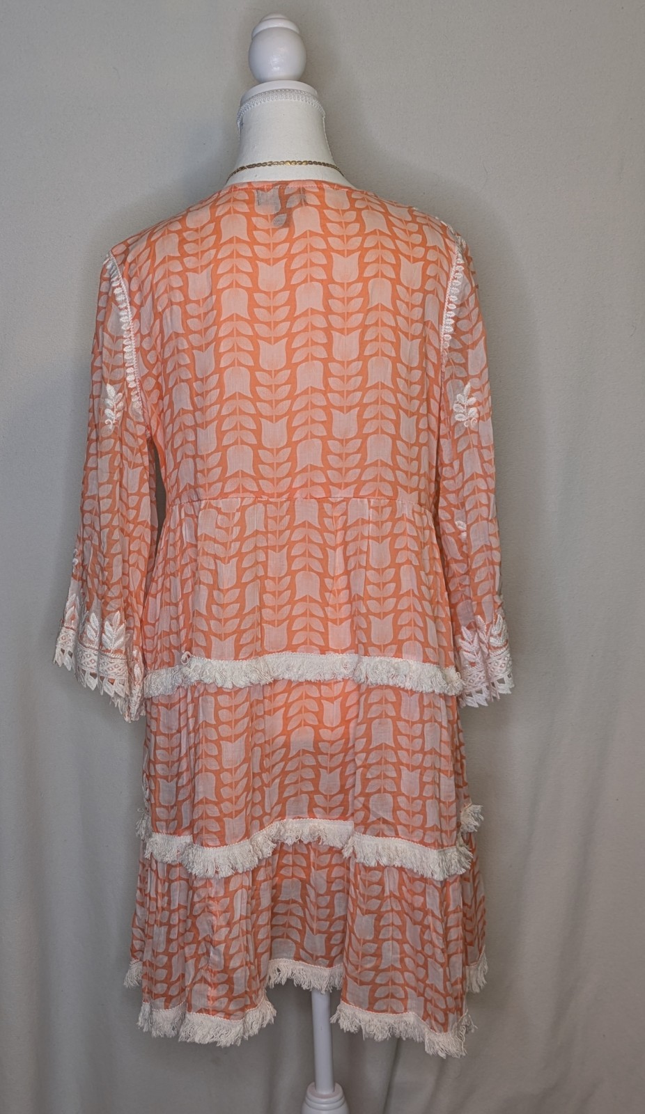 Bairaas Embroidered Boho Dress Size 42 Peach White Tassel Tiered Fringe EUC