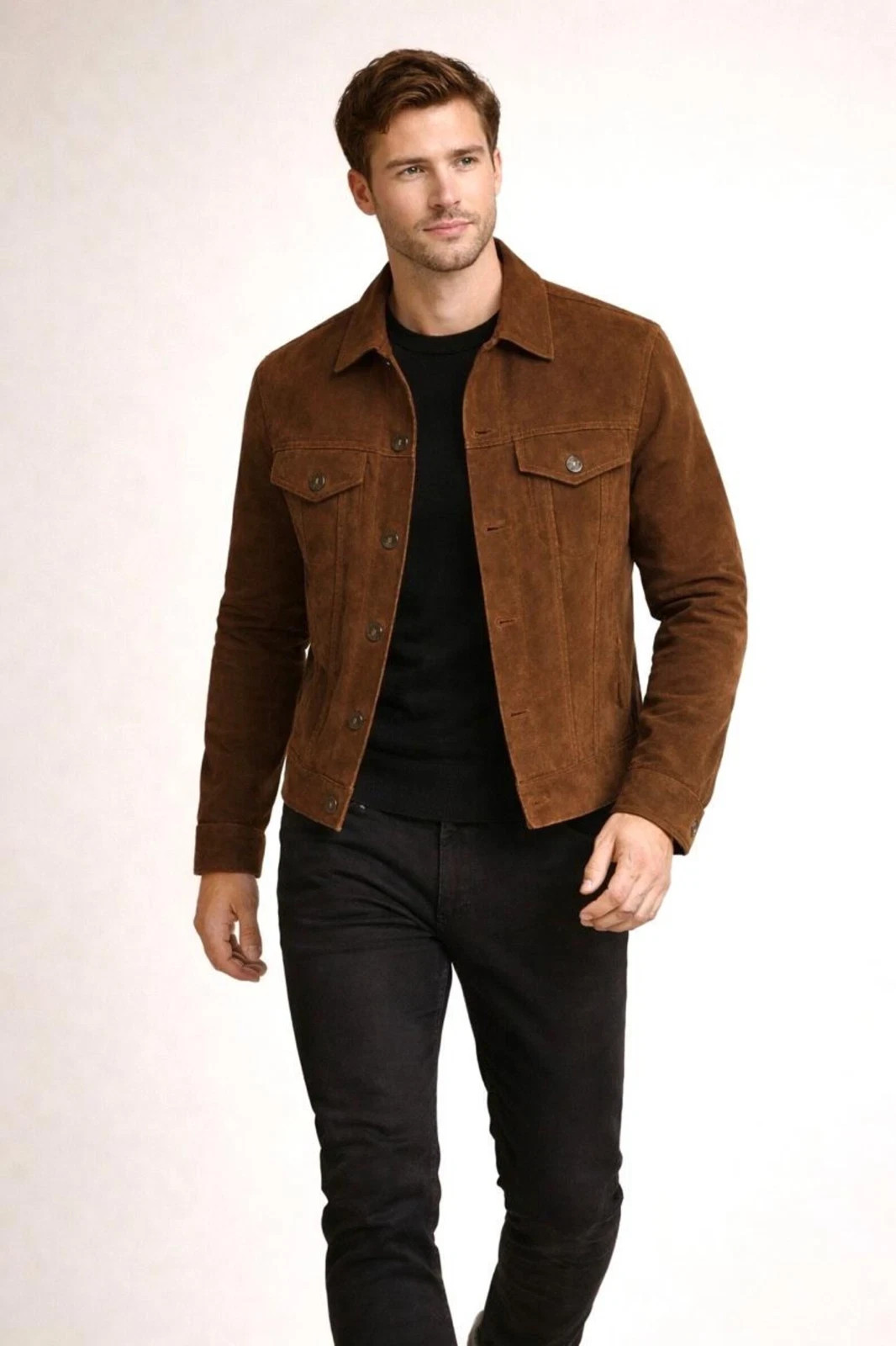 Mens Brown Leather Trucker Jacket Pure Suede Custom Made Size S M L XL 2XL 3XL