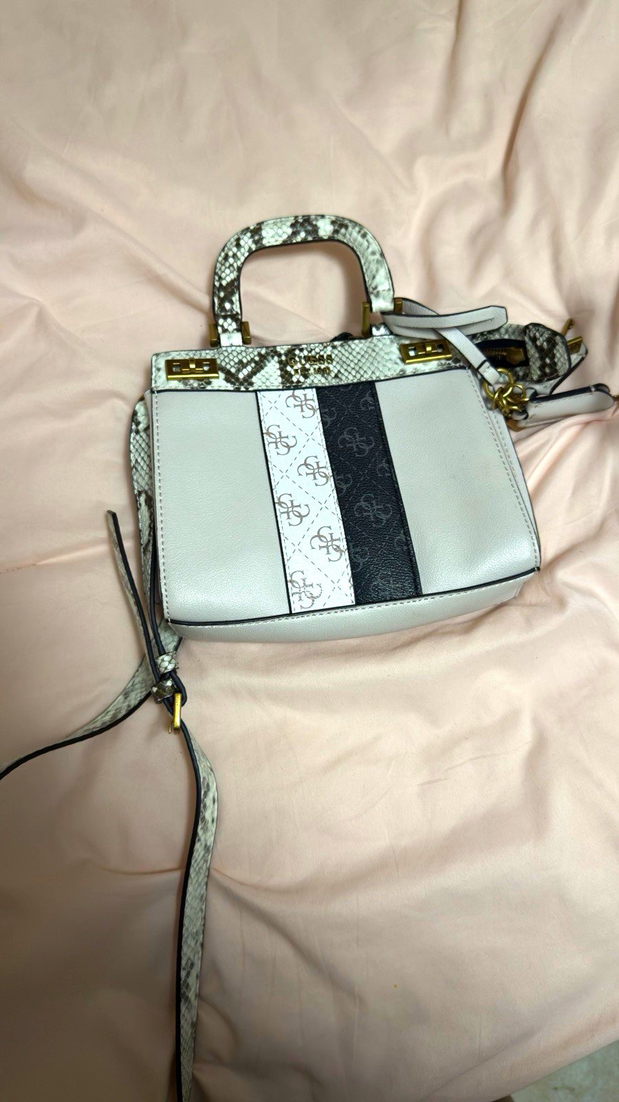 Women’s White/Black Colorblock Satchel Top Handle Bag, Zip, Detachable Strap