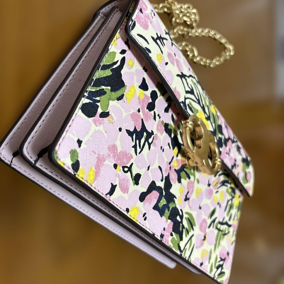 Tory Burch Floral Print Chain Shoulder Bag Canvas Pink Gold Lock 21cm/8.3in