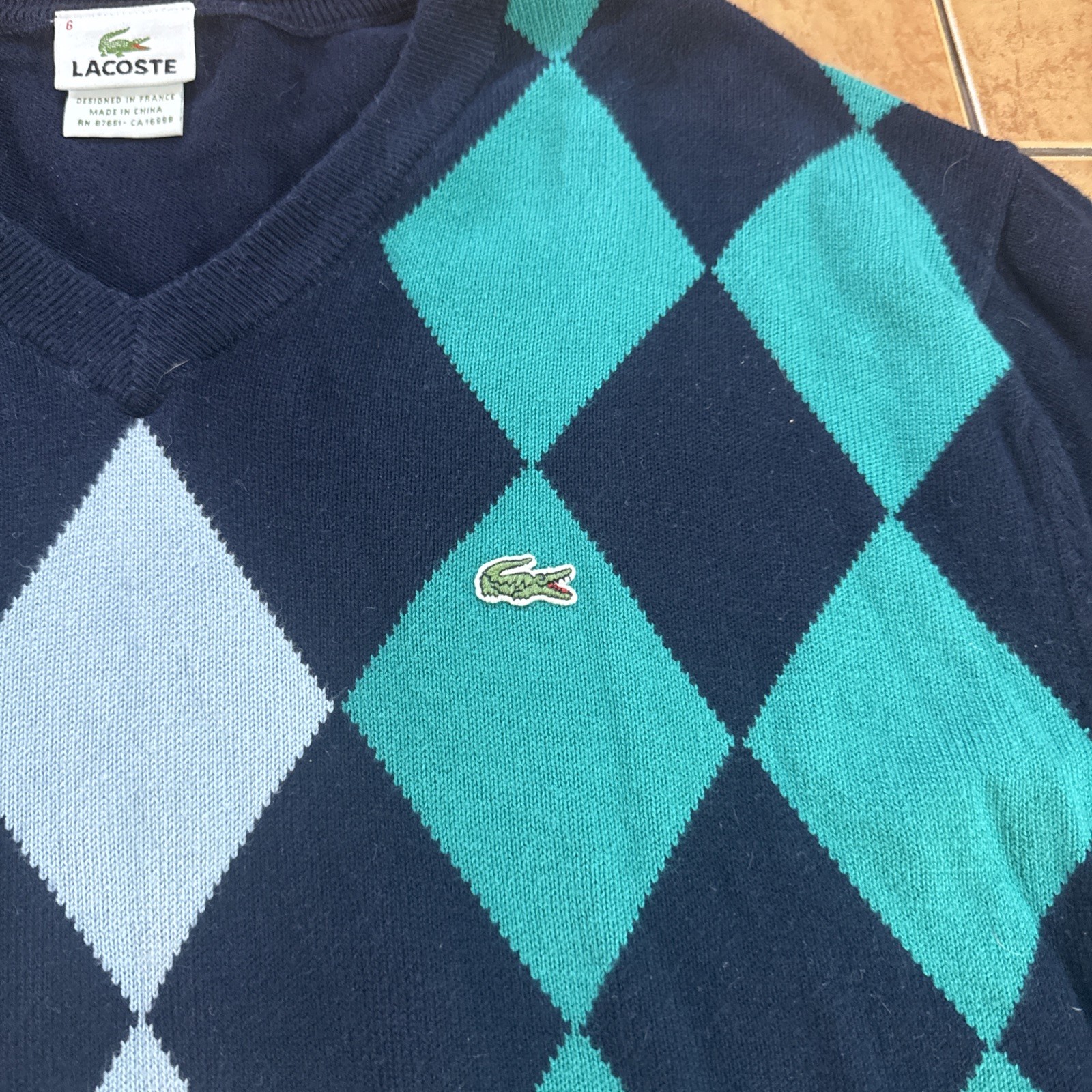 Lacoste Sweater Men’s 6 XL Blue Argyle Knitted 100% Cotton V-Neck Golf Pullover