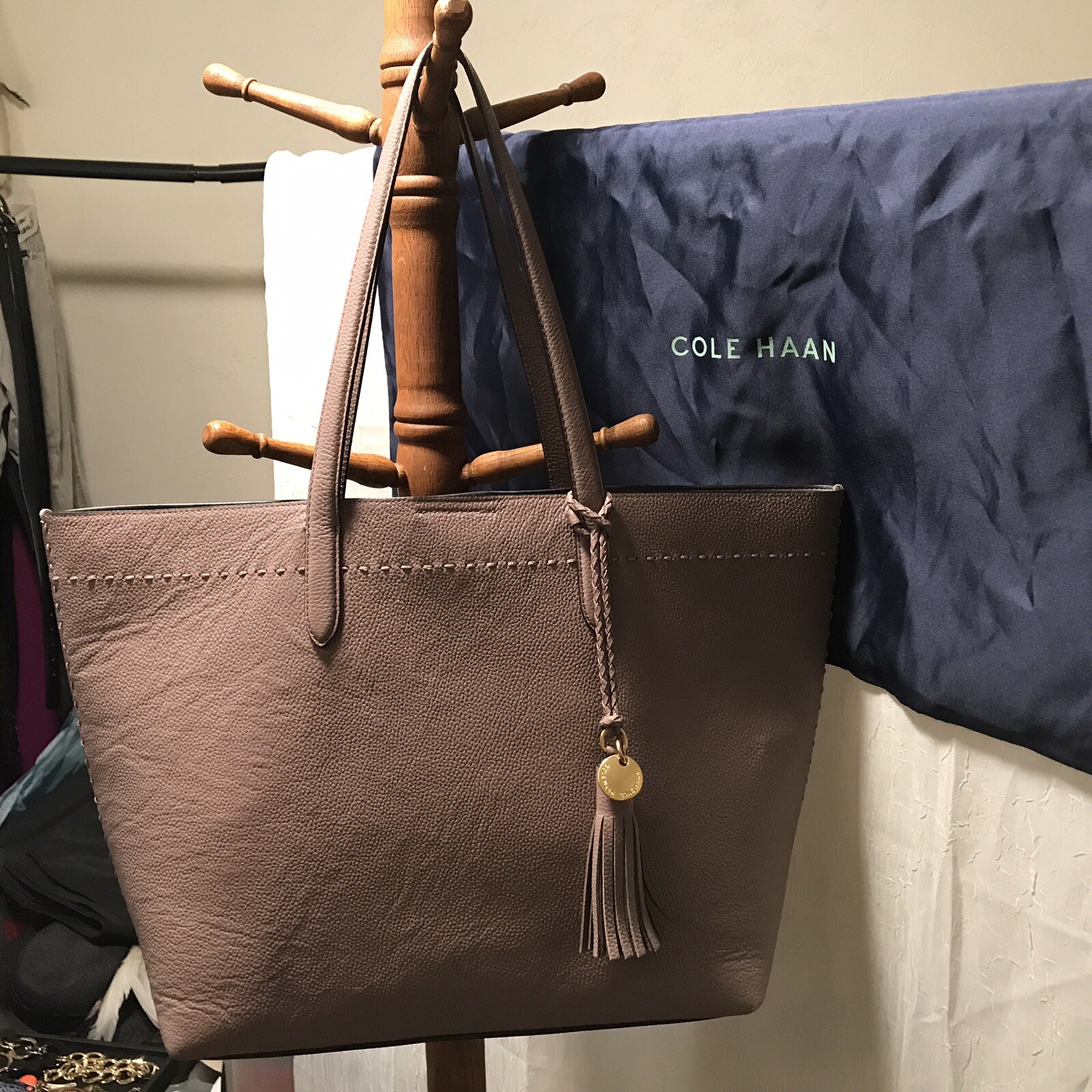 NEW Cole Haan Large Gray Leather Tote Bag 19.5″ w/Dust Bag Mint Fall Sale
