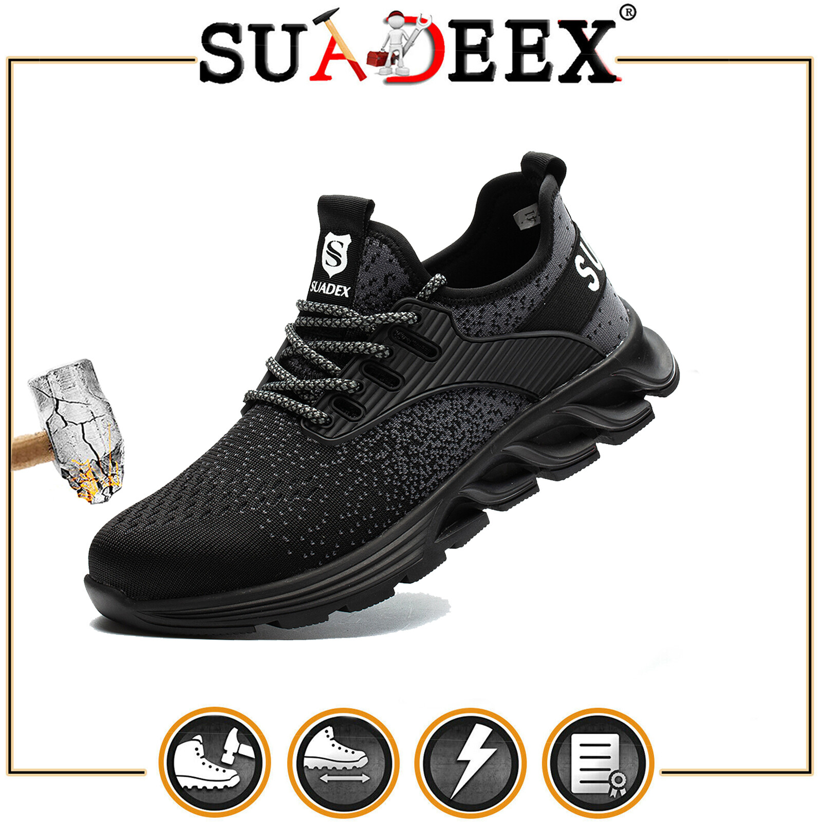 SUYSTEX Mens’ Indestructible Safety Work Shoes Steel Toe Breathable Work Boots