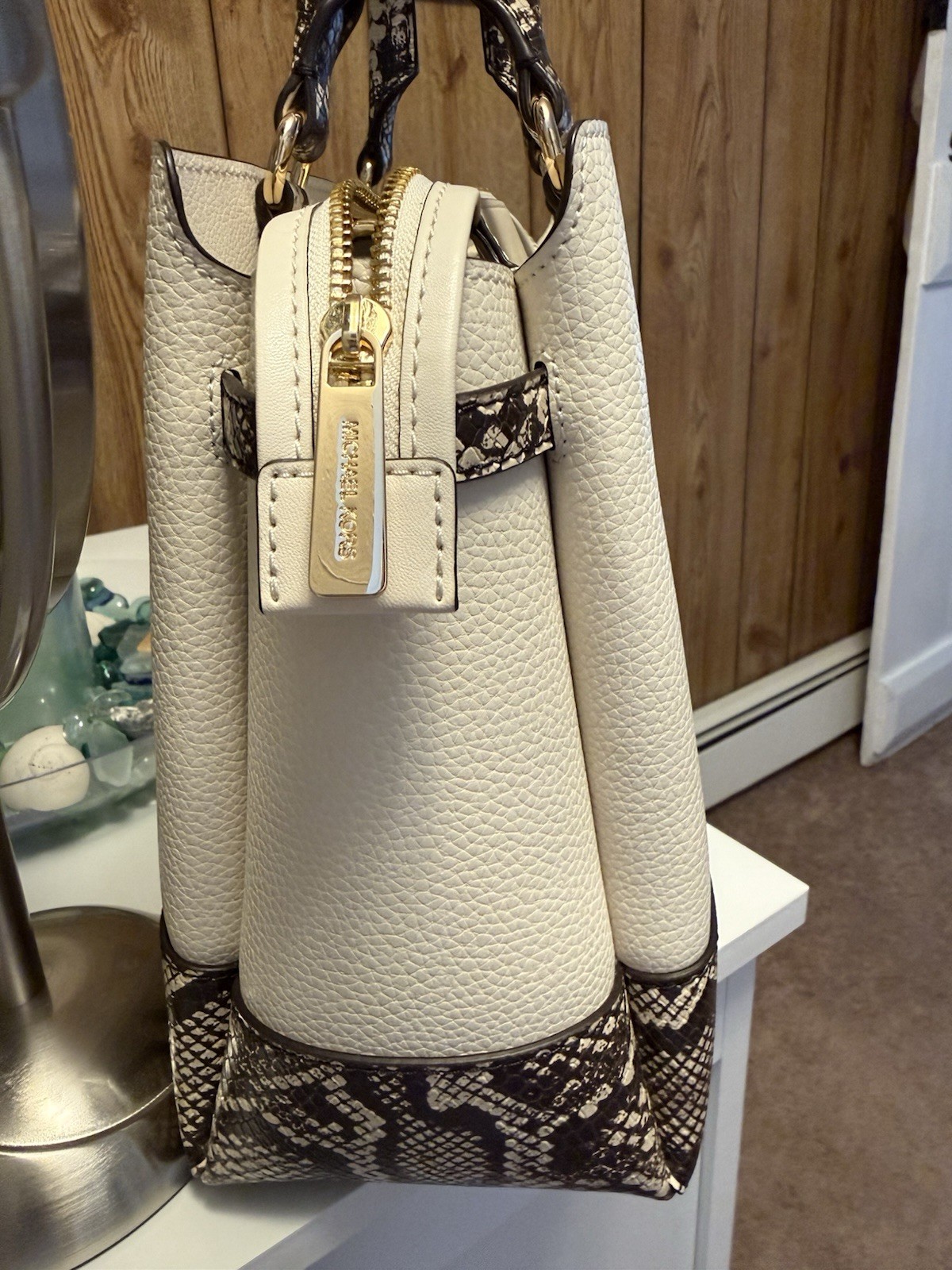 Michael Kors Cream Satchel Snake Print Trim Gold Hardware Zip Detachable Strap