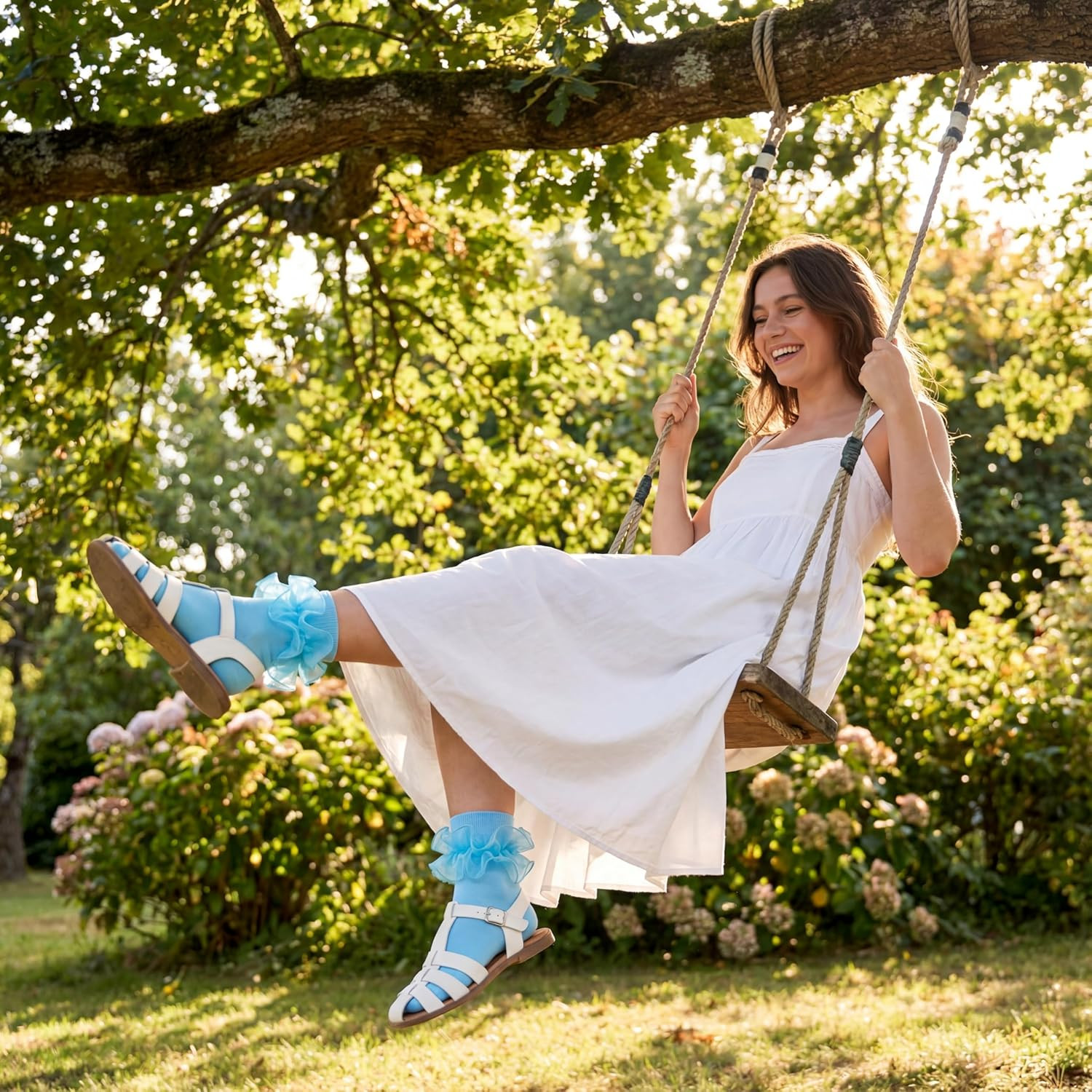 Socks for Women Big Ruffle Socks with Turn Cuff and Double Lace 9-11 Light Blue
