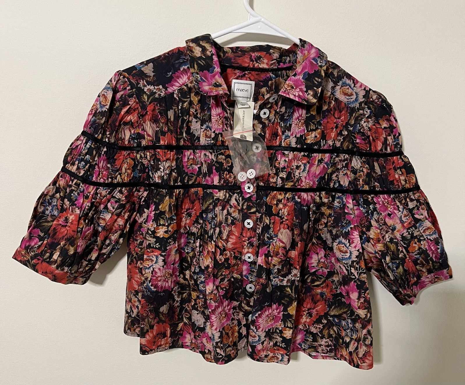Anthropologie Women’s Floral Collared Button-Front Blouse 3/4 Sleeve Size S