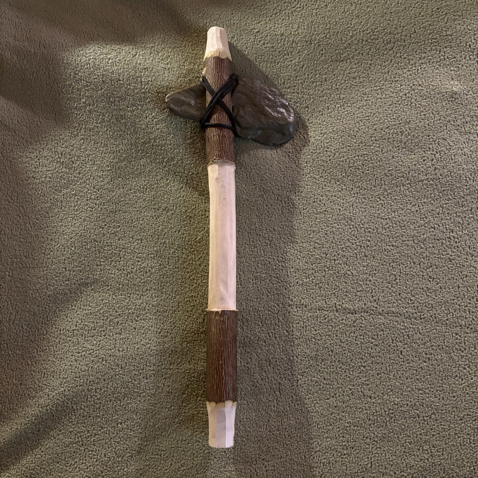 Handmade Caveman Stone Axe Staff Prop, Wrapped Handle, Brown/White/Gray