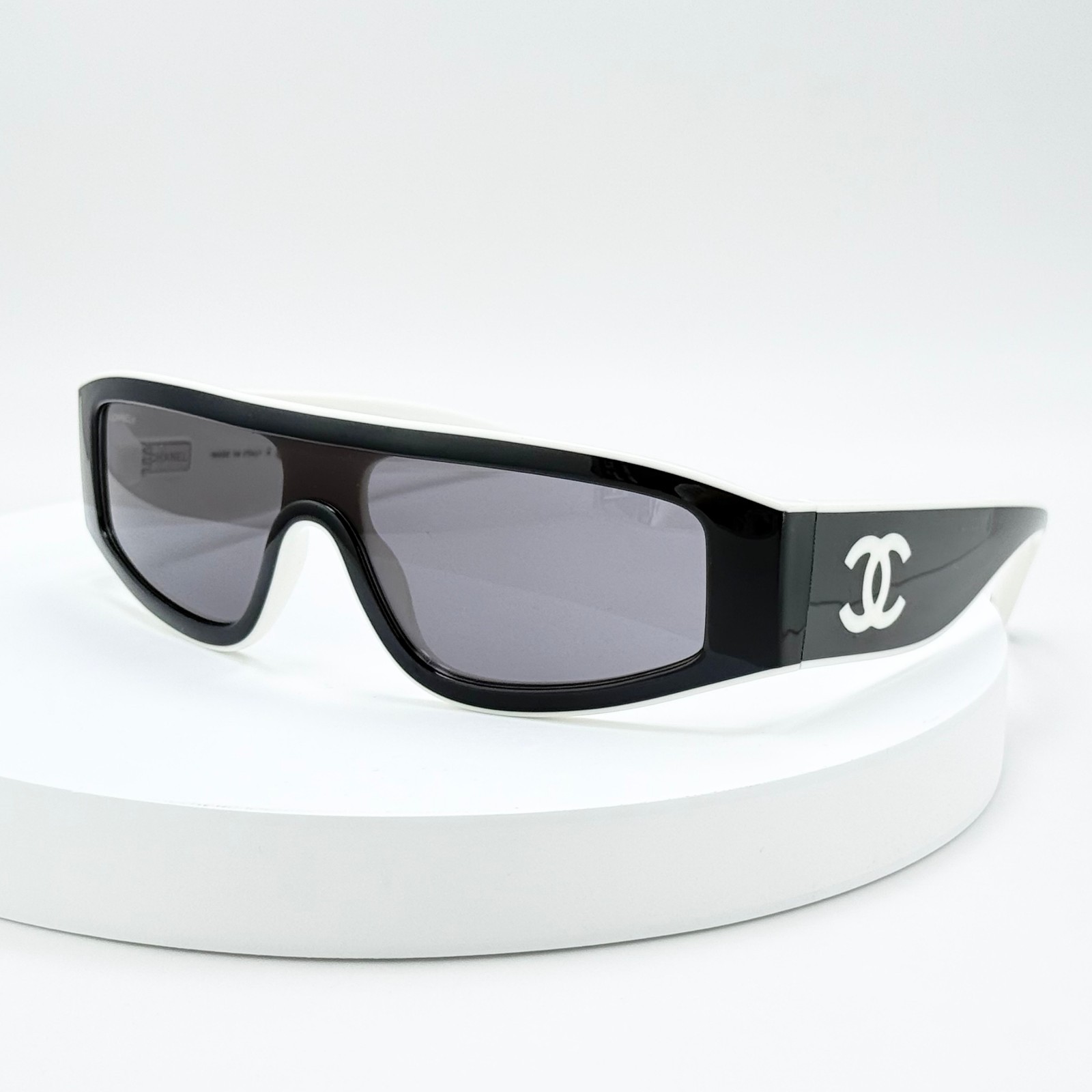 Chanel CH6057 Shield Sunglasses Black White Frame Gradient Gray Lens Italy