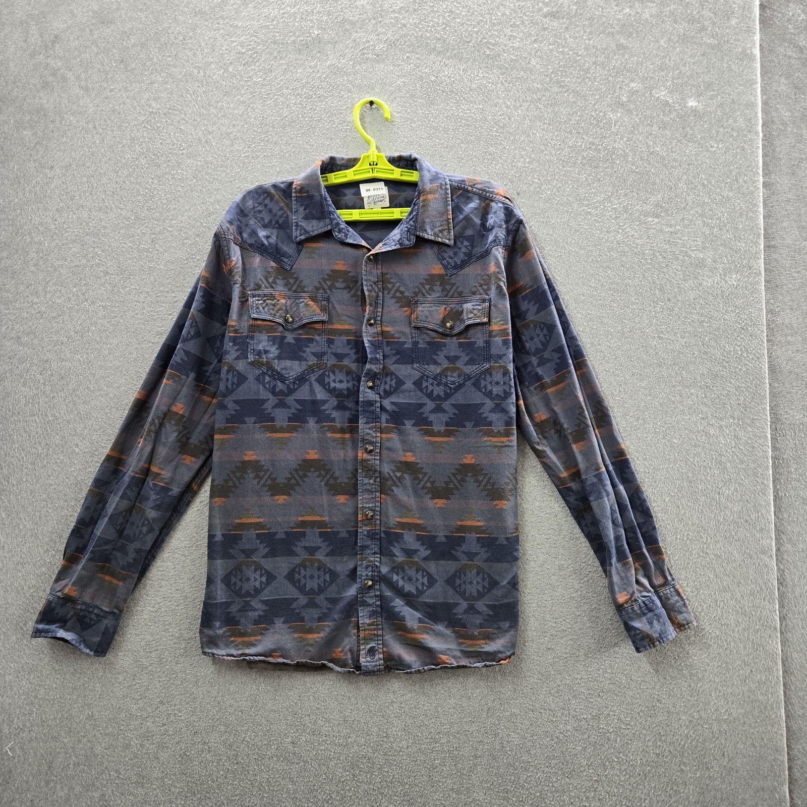 Moon Shine Spirit Men Button Up Shirt L Blue Geometric Western Pearl Snap Aztec