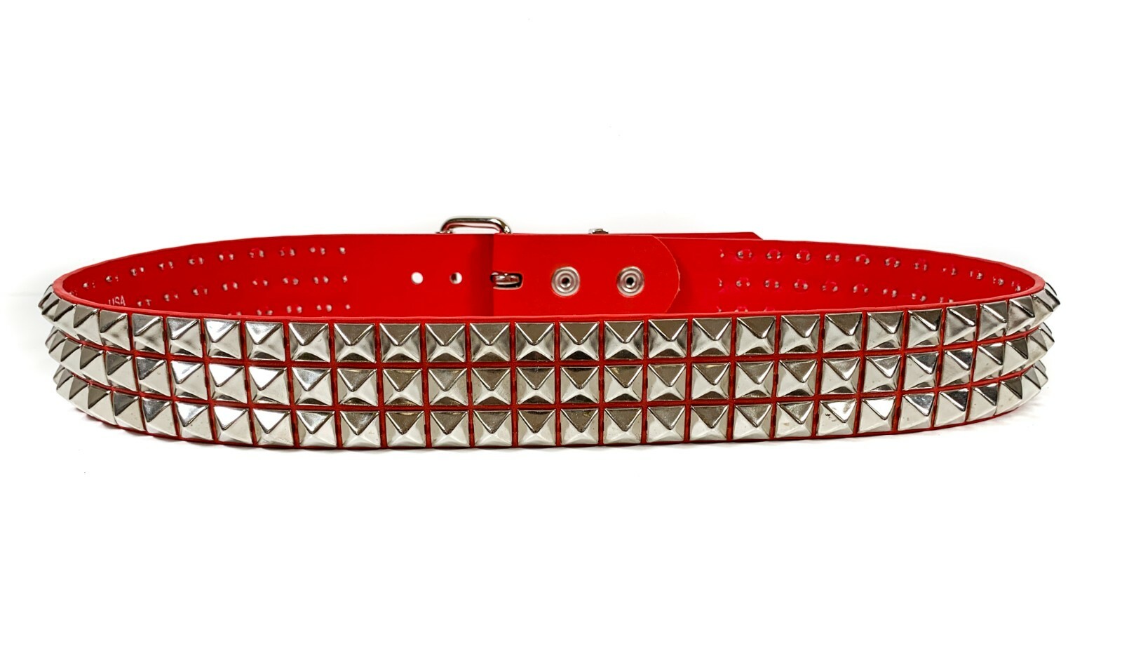 Vegan Red Leather Three Row Pyramid Stud Belt Genuine Punk Goth Metal Funk Plus