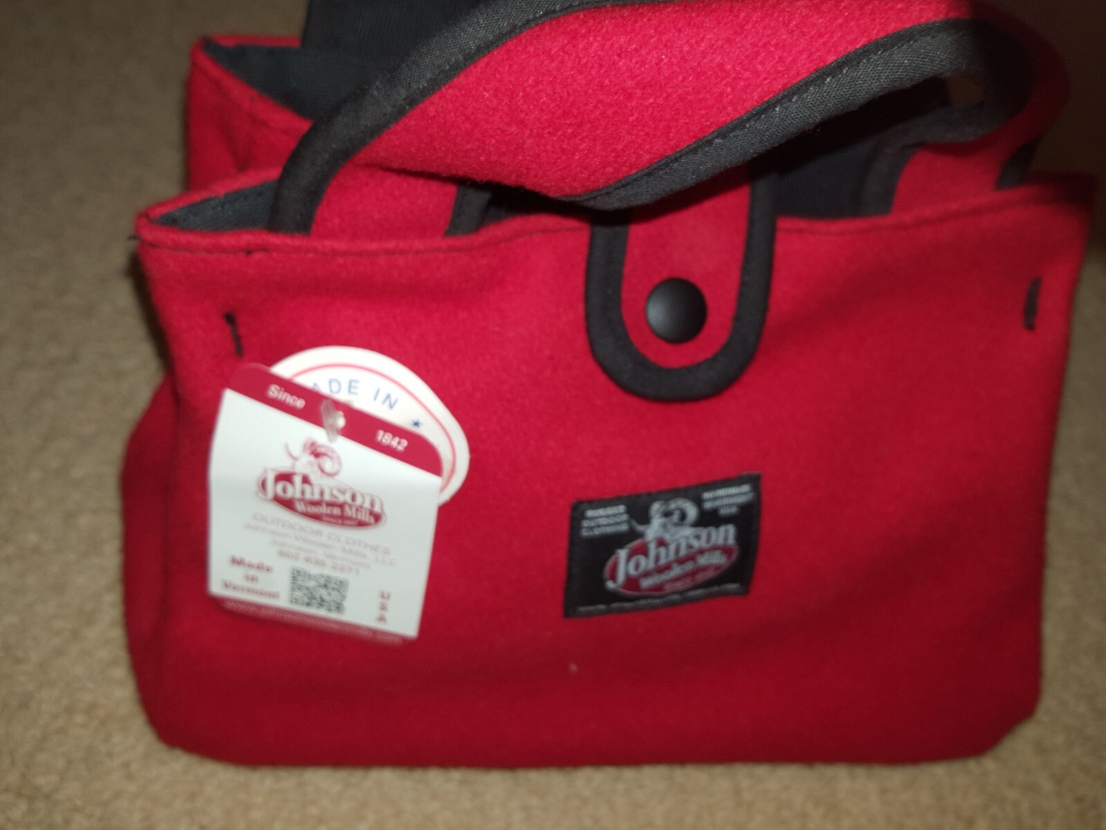 NWT Johnson Woolen Mills Red Wool Bitty Bag Purse Tote Hand Satchel 10”x7″x3″