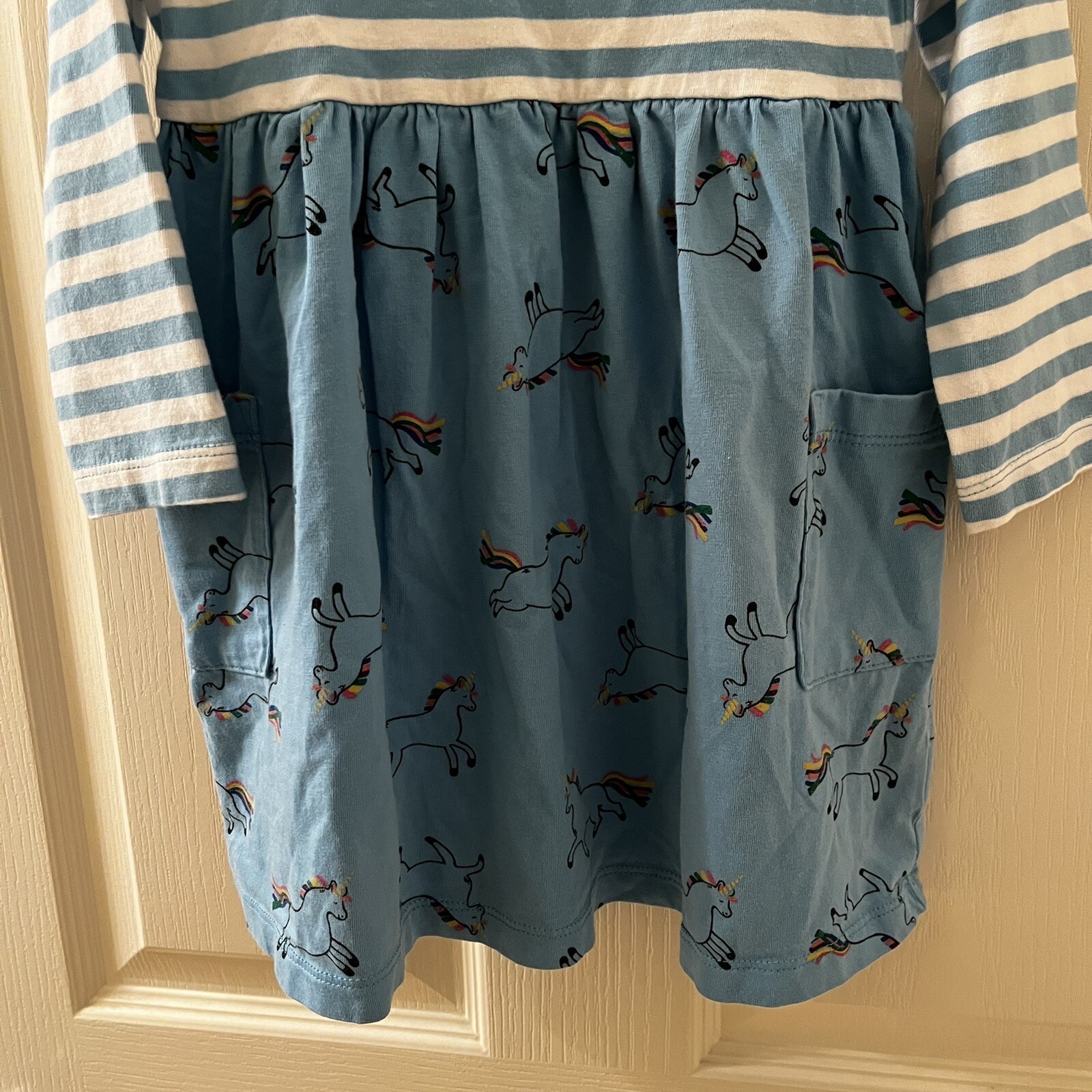 Hanna Andersson Mixie Playdress Dress Blue Striped Unicorn Pockets Size 100 US 4