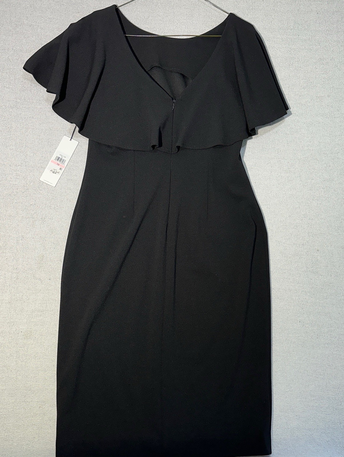 Calvin Klein Black Ruffle Flutter Sleeve V-Neck Sheath Knee Length Dress Size 10