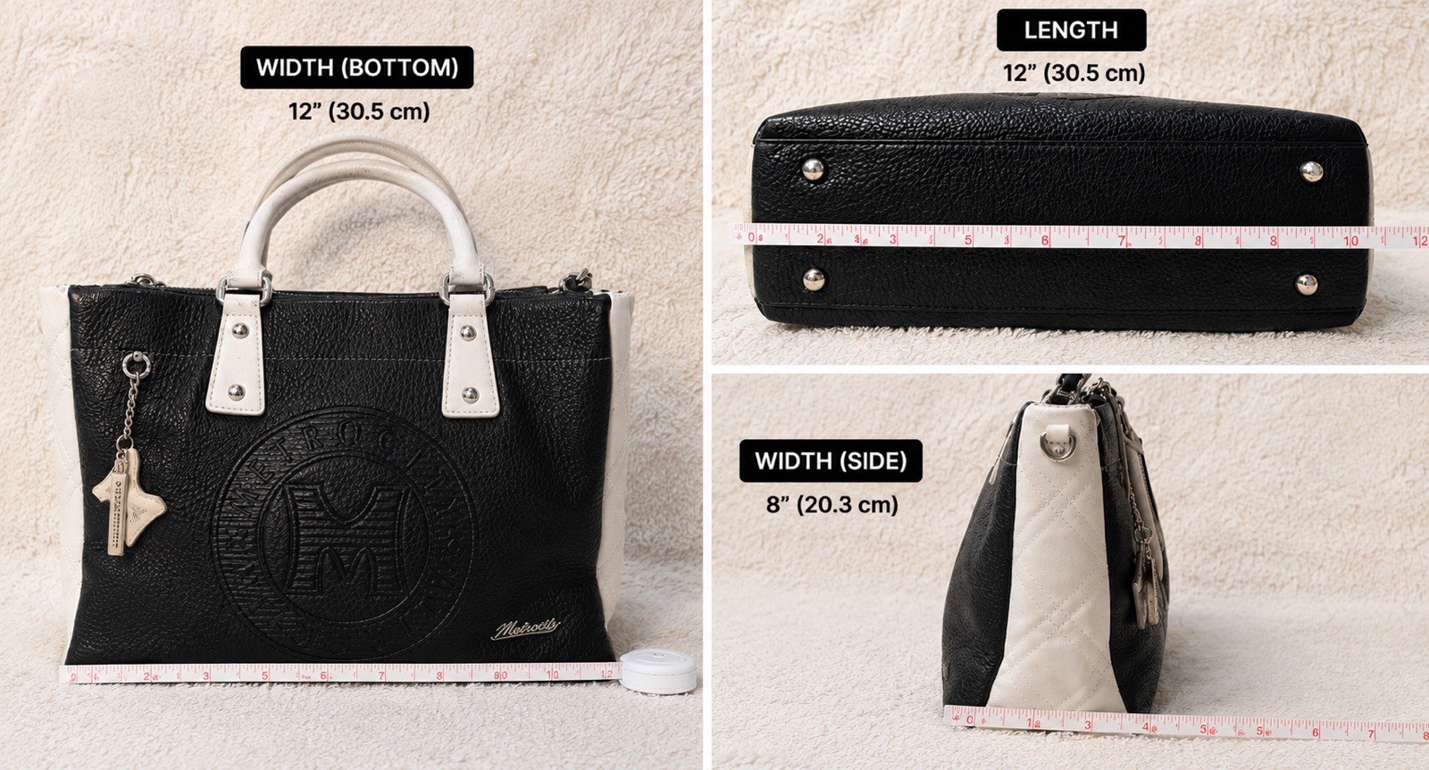 Metrocity Black Off White Logo Satchel Tote Crossbody Bag Faux Leather EUC