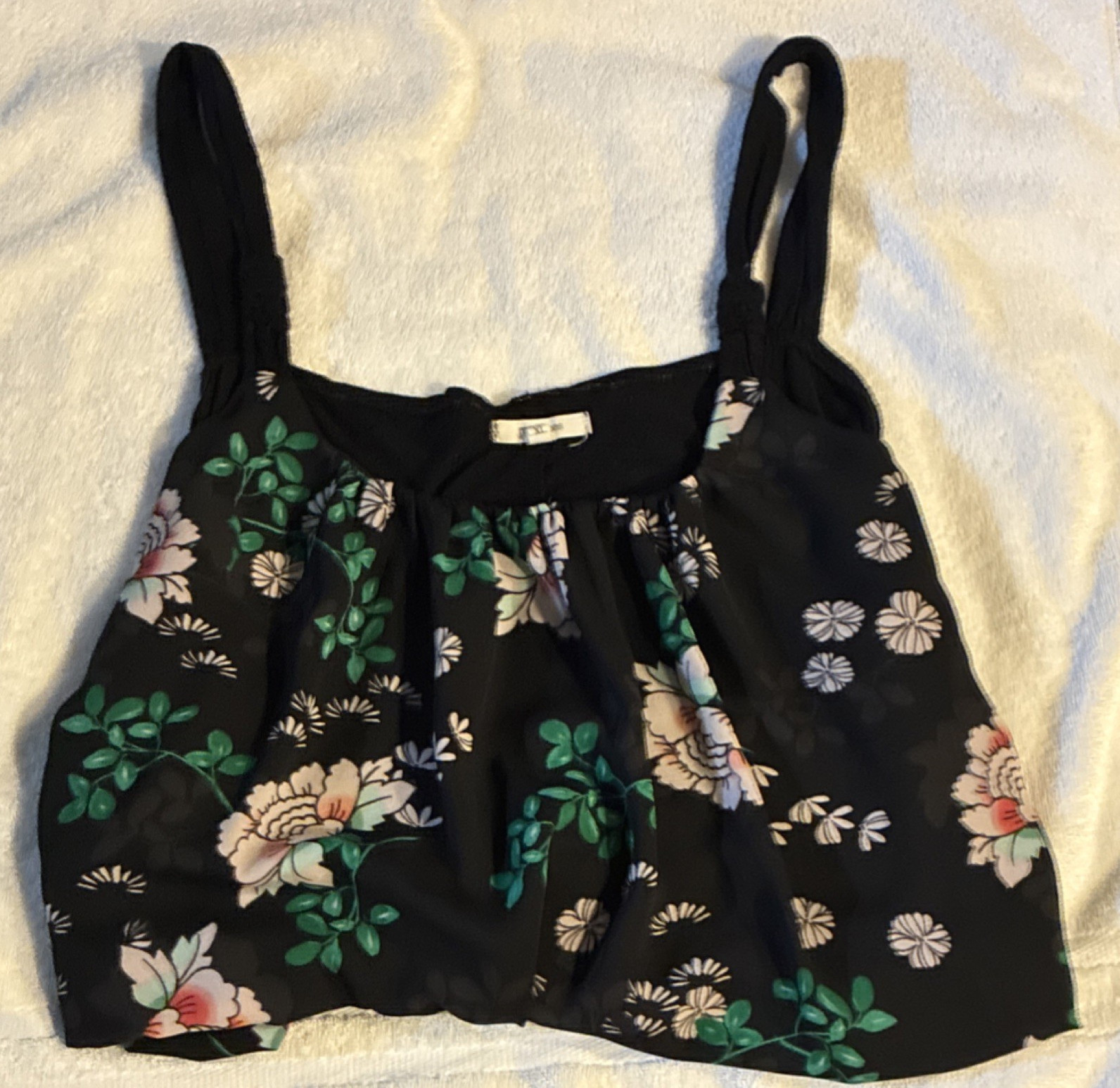 Garage Women’s Black Floral Cropped Tank Top Size S Square Neck Wide Straps