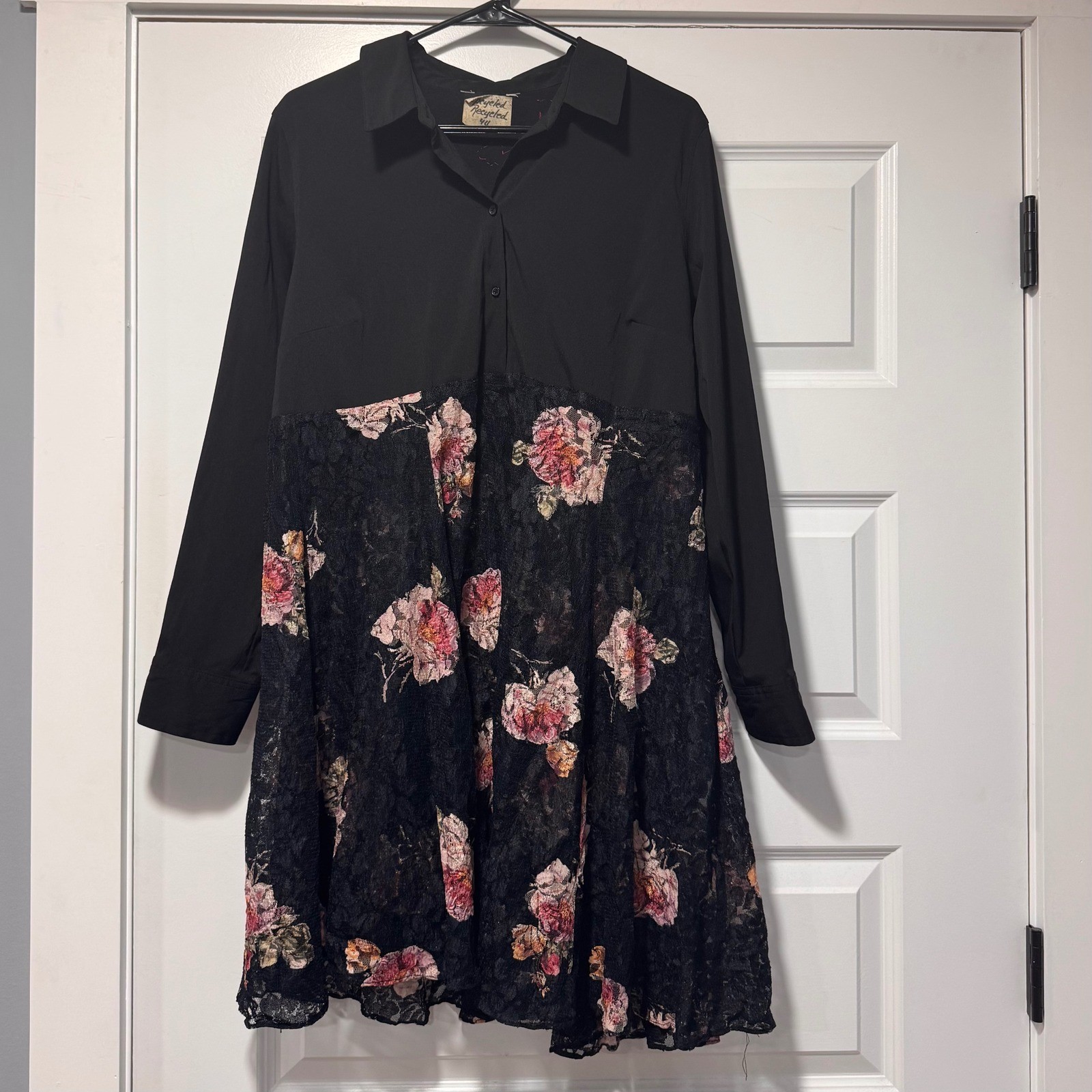 Upcycled Recycled Black Mixed Media Floral Lace Shirt Dress Tunic Embroidered
