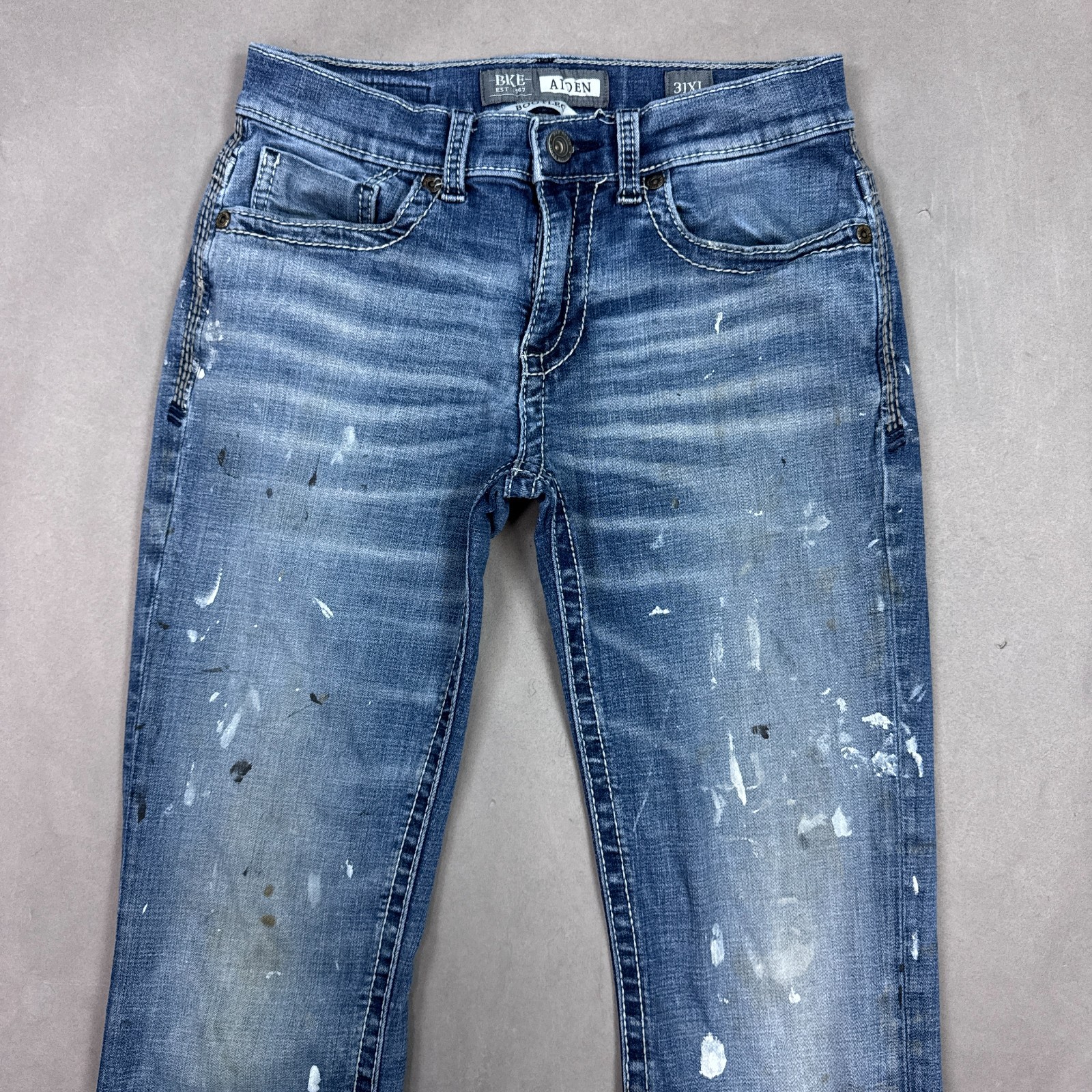 BKE Buckle Jeans Mens 28×36 Blue Aiden Bootleg Pants Stretch Painted (Tag31XL)