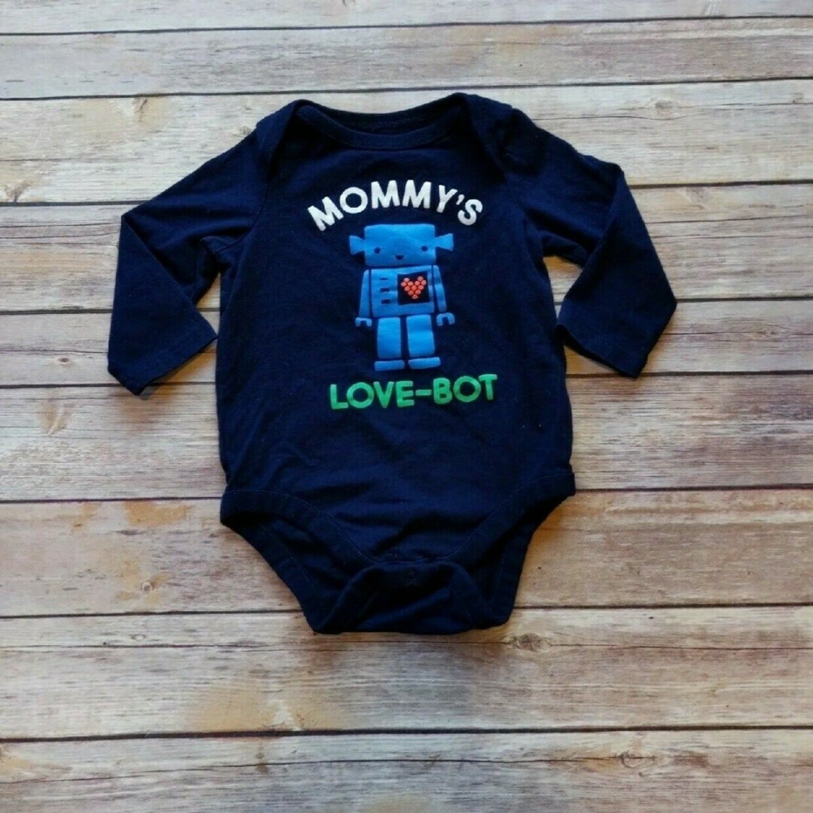 BabyGap “Mommy’s Love-Bot” Robot Long-sleeve Onepiece, Dark Blue 6-12M