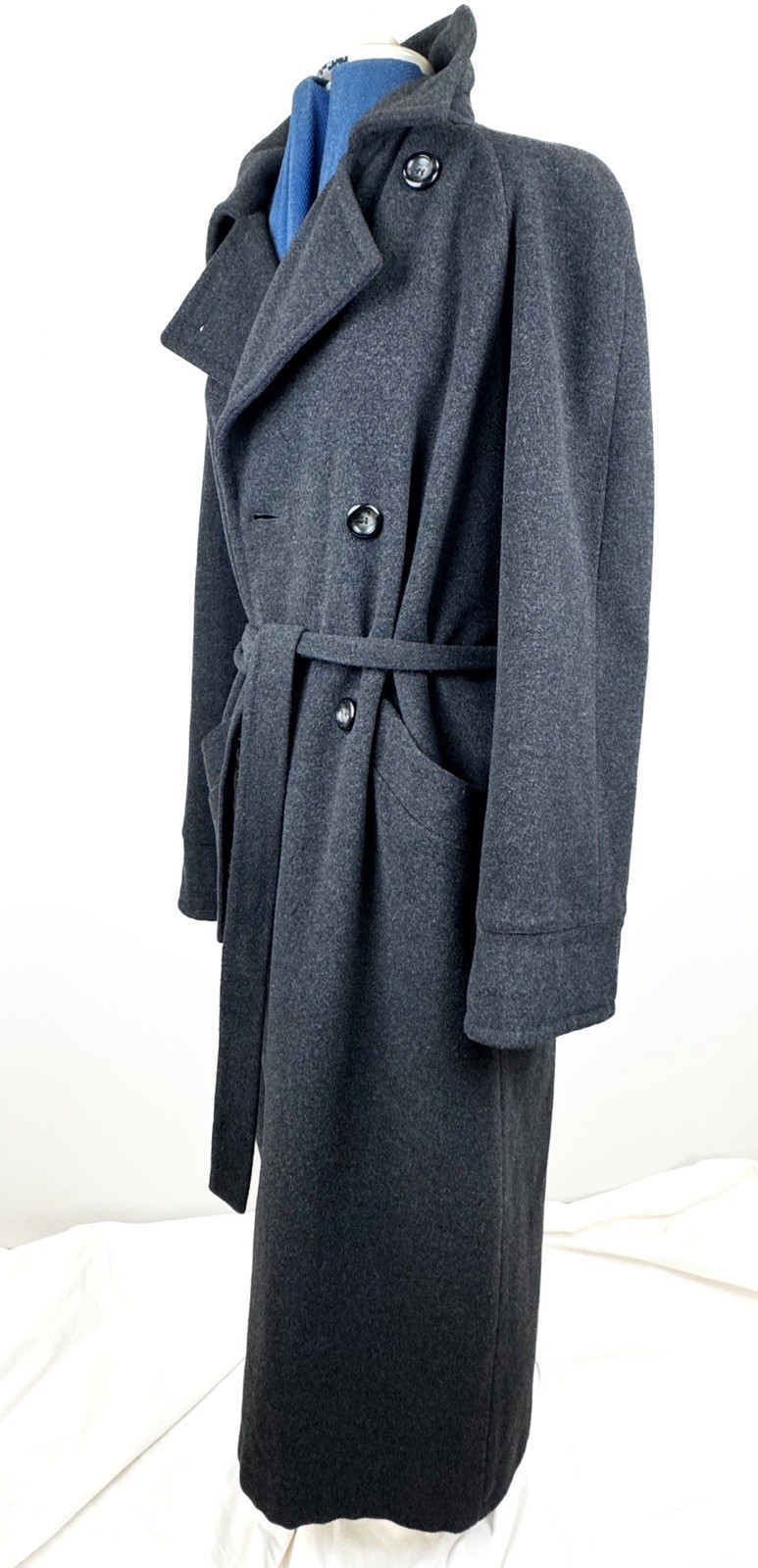 Vintage 90s BHS Virgin Wool Angora Maxi Coat Charcoal Grey Belted Overcoat UK14