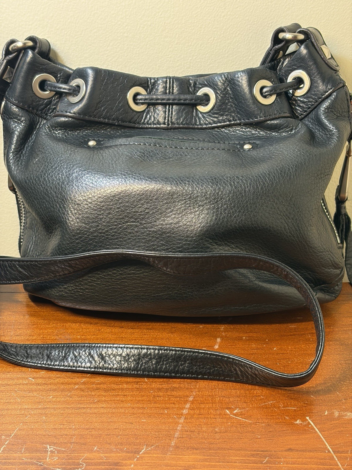 B. Makowsky Black Leather Fringe Studded Hobo Crossbody Bag Luxury Black NEW