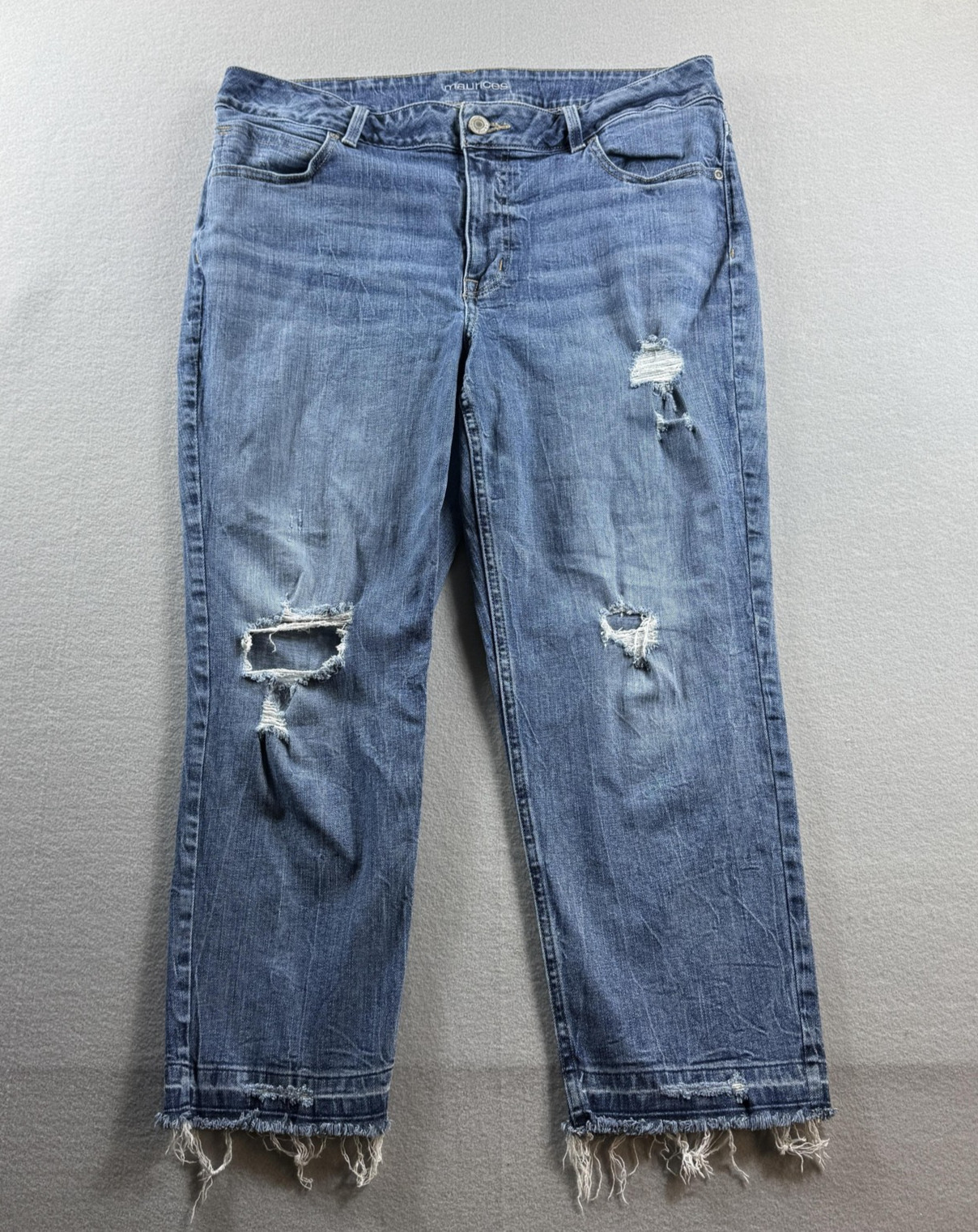 Maurices Jeans Womens 16W Blue Med Wash Straight Crop Distressed Fringe 35×25