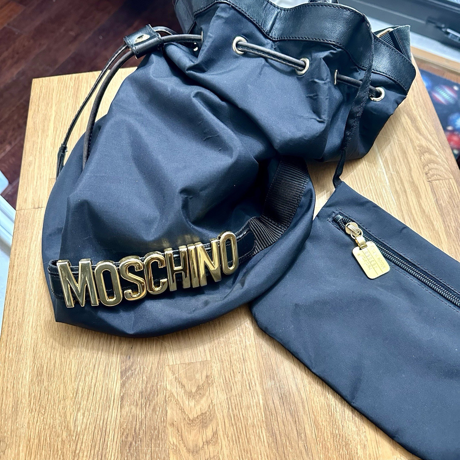 Moschino Drawstring Bucket Bag Black Nylon Single Strap Shoulder Bag Redwall
