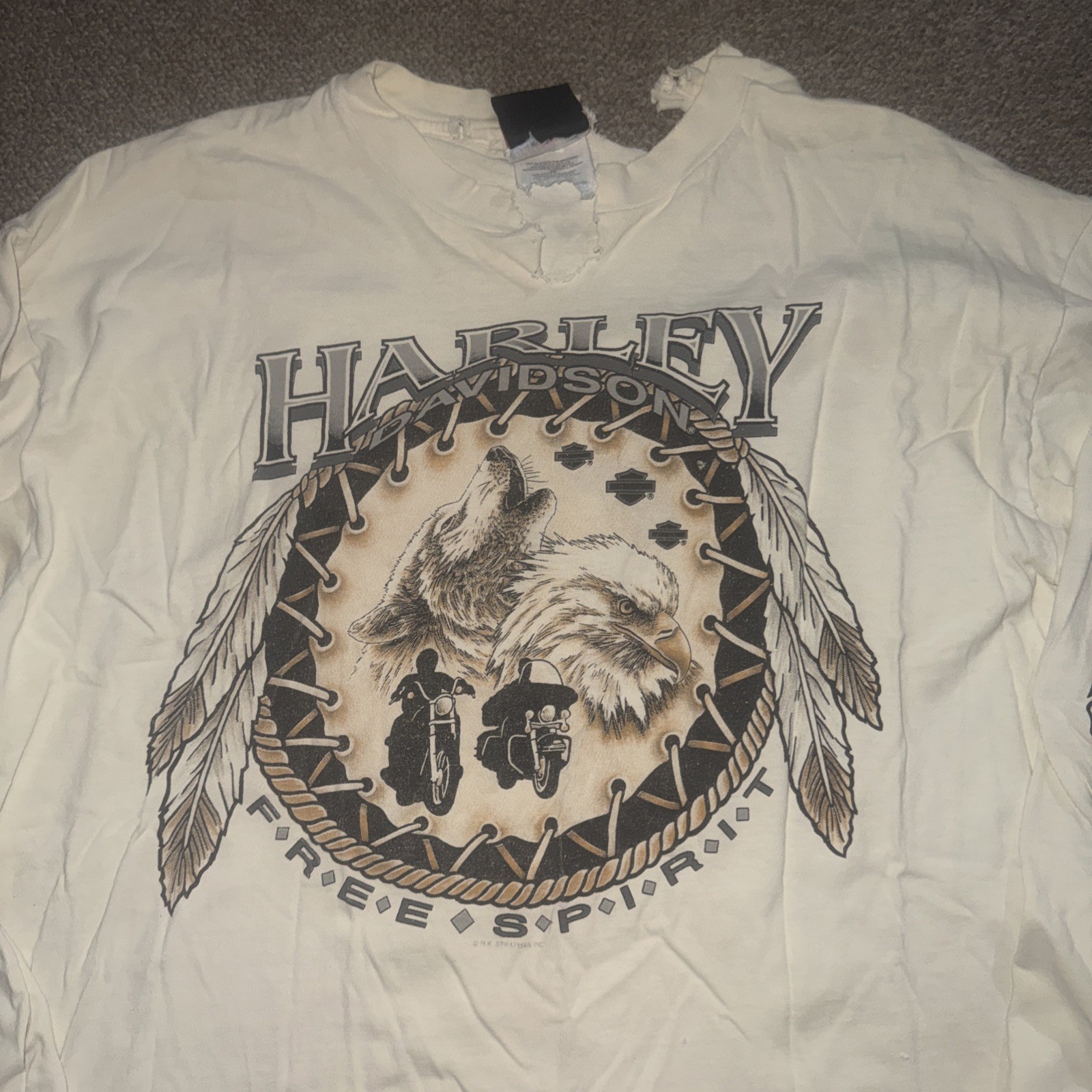 Vintage Harley Davidson Long Sleeve T Shirt White Wolf Feathers Size Large
